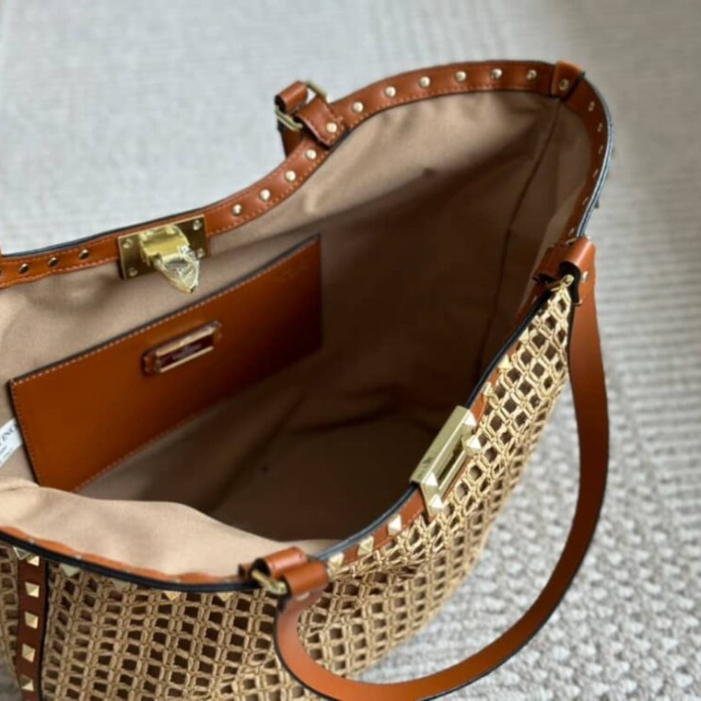 Valentino Garavani Rockstud Raffia Tote Bag Brown 31cm