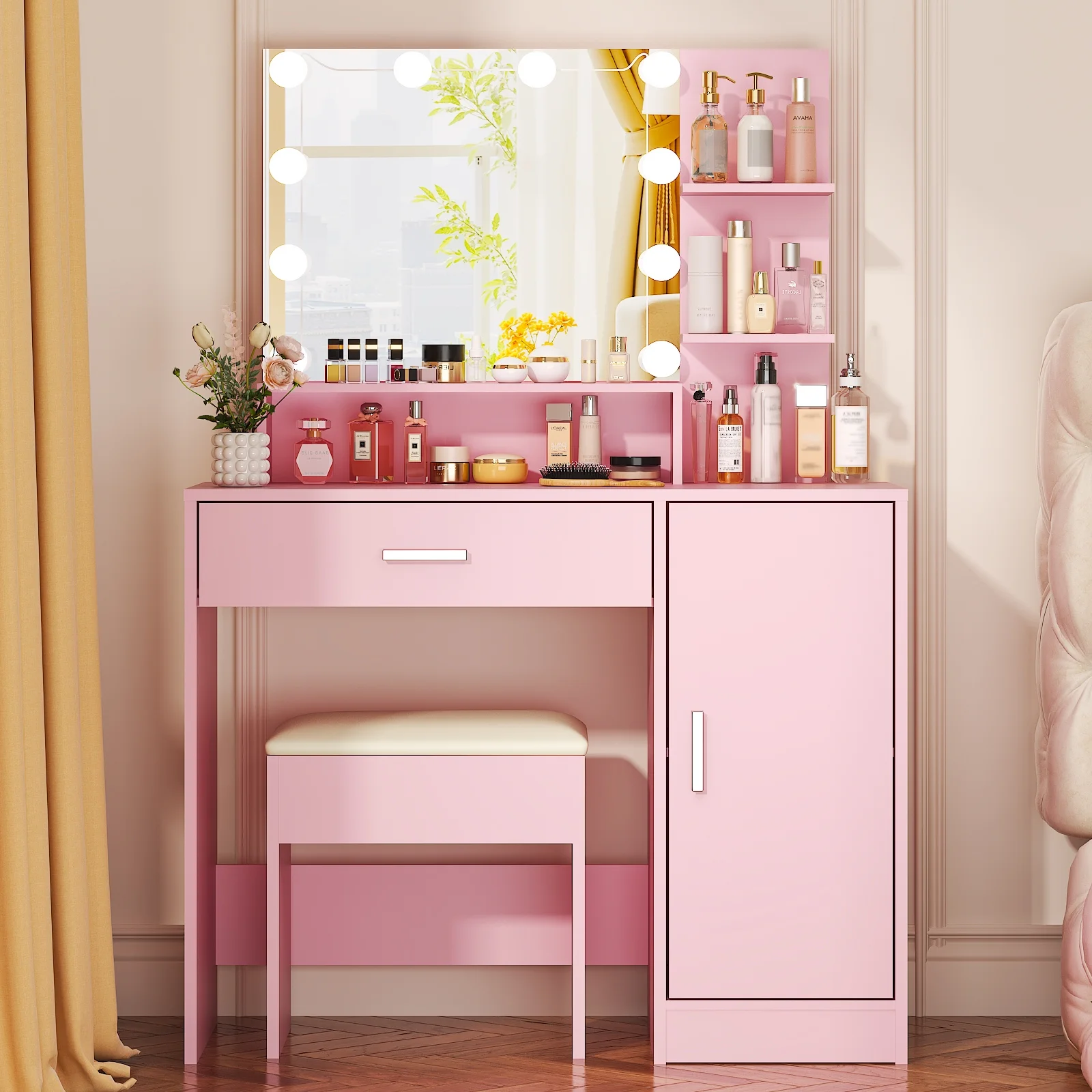 Ktaxon Vanity Set with 3 Color Lighted Mirror, Makeup Table with 3 Storage Shelves & Drawers, Dressing Table Makeup Desk with Stool,White