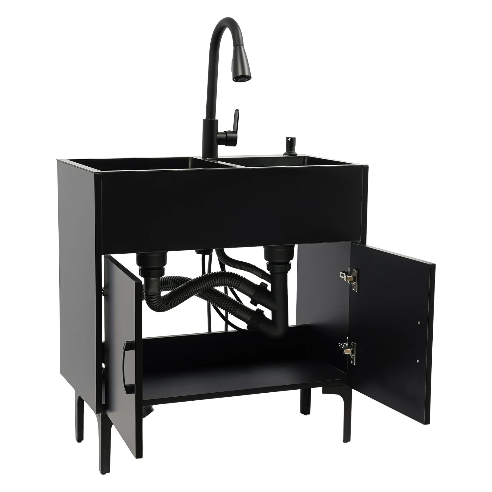 Laundry Sink with Cabinet & Pull-Out Faucet, Kitchen Sink Cabinet with Draining Basket, Stainless Steel Double Bowl Utility Sinks, Wash Station Tub for Kitchen, Laundry Room (Black)