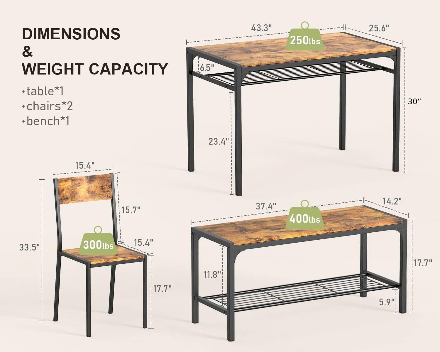 Dining Table Set for 4, Kitchen Table with Chairs and Bench for Breakfast, Retro