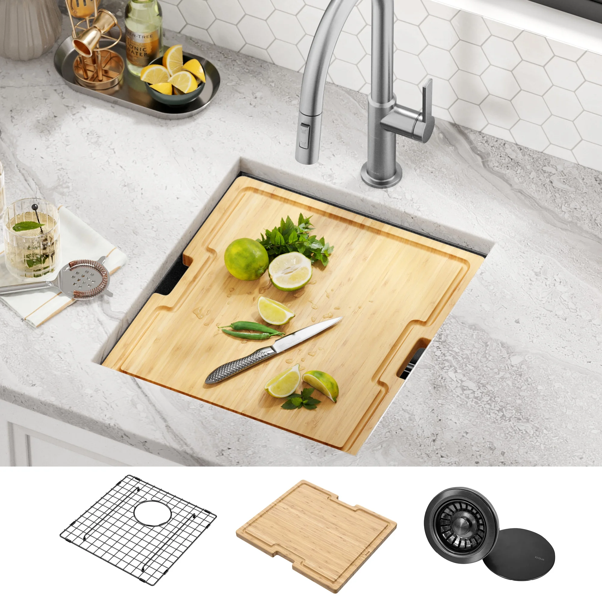 KRAUS Kore 17 Undermount Workstation 16 Gauge Black Stainless Steel Single Bowl Kitchen Bar Sink in PVD Gunmetal Finish with Accessories