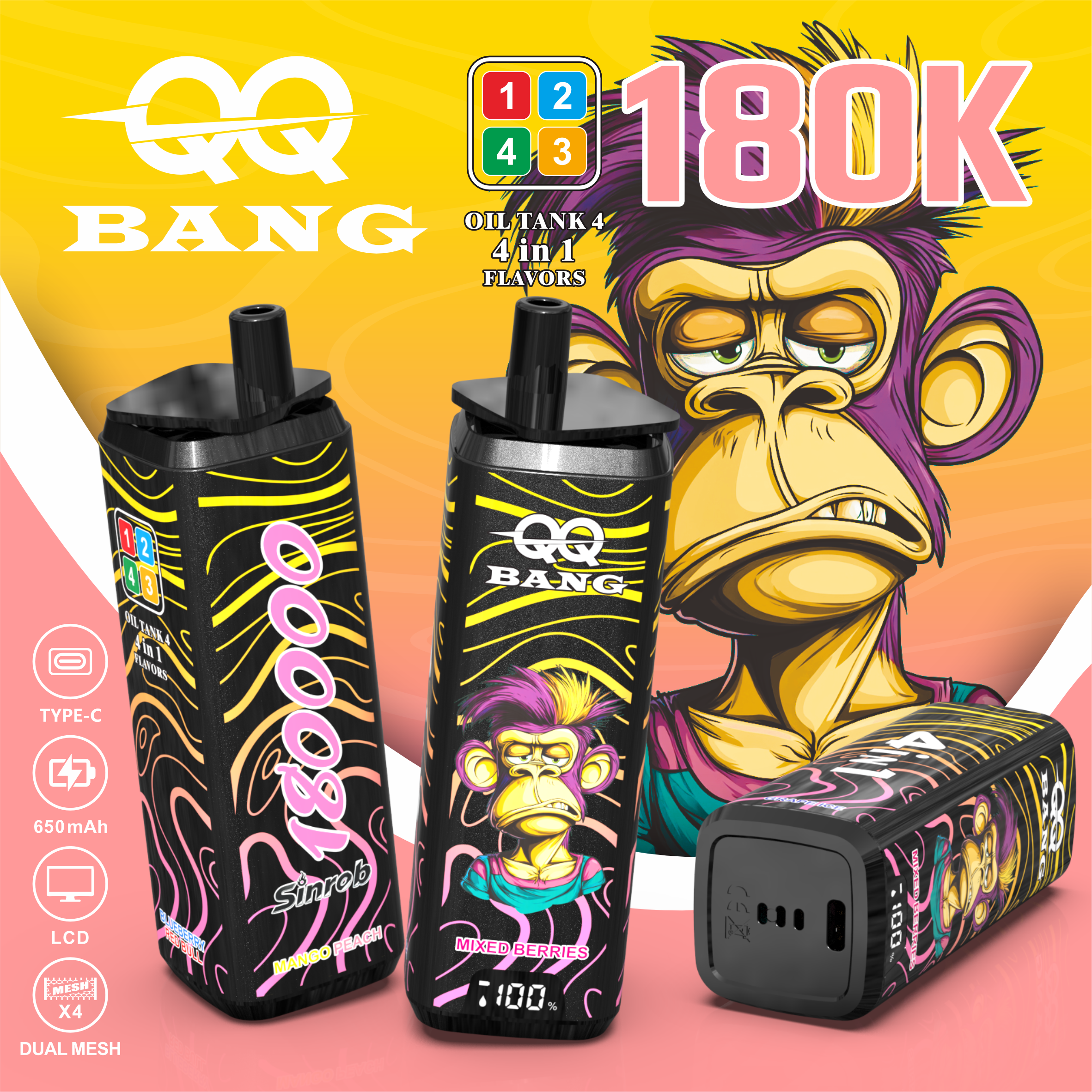 QQ BANG 180 000 potahů | E-cigareta 4v1 s LCD displejem (4 příchutě v 1)