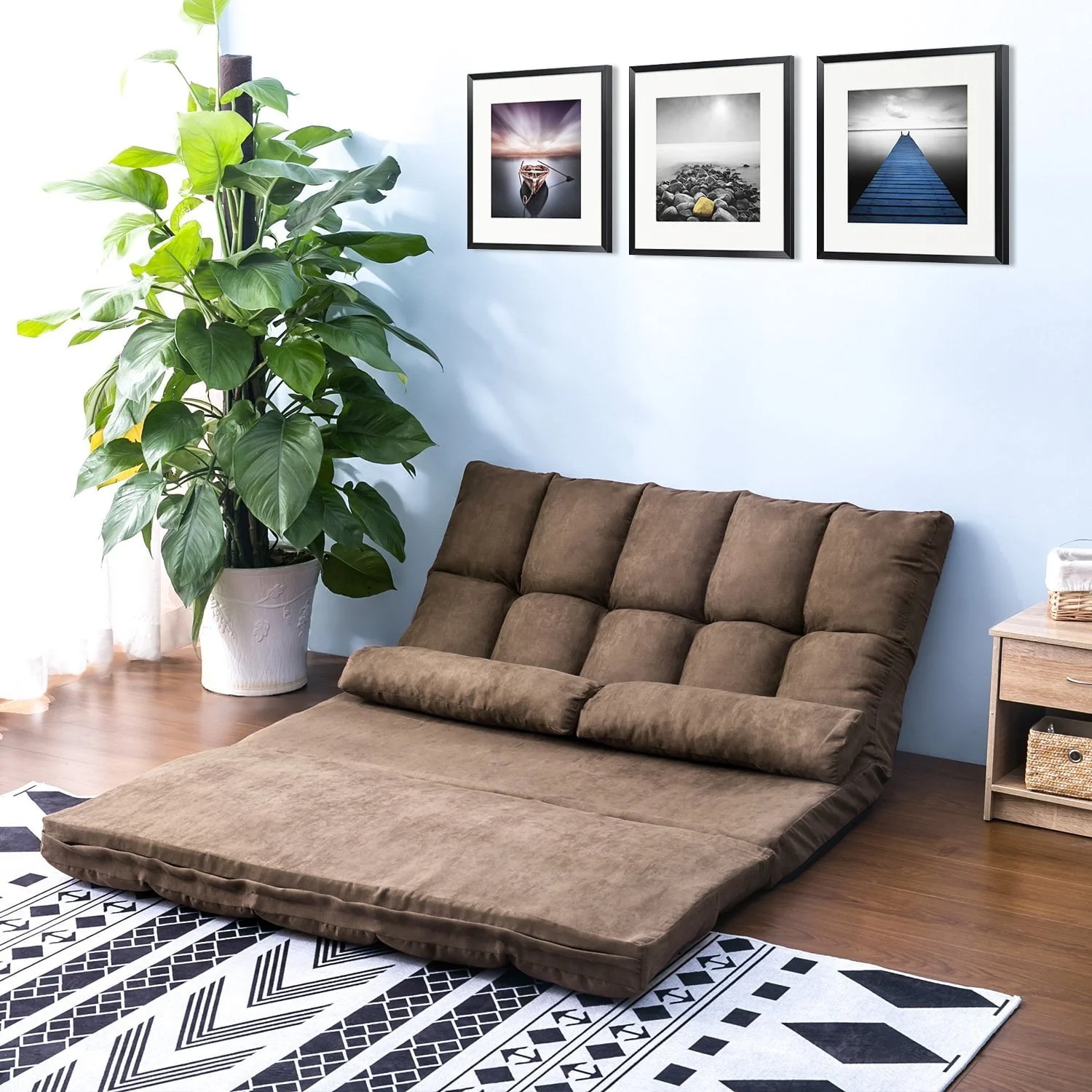 Lazy Sofa Floor Chair, Foldable Double Chaise Lounge Sofa Chair with Two Pillows, Adjustable Floor Couch and Sofa for Living Room and Bedroom, Floor Sofa Bed for Gaming, Sleeper and Reading, Brown