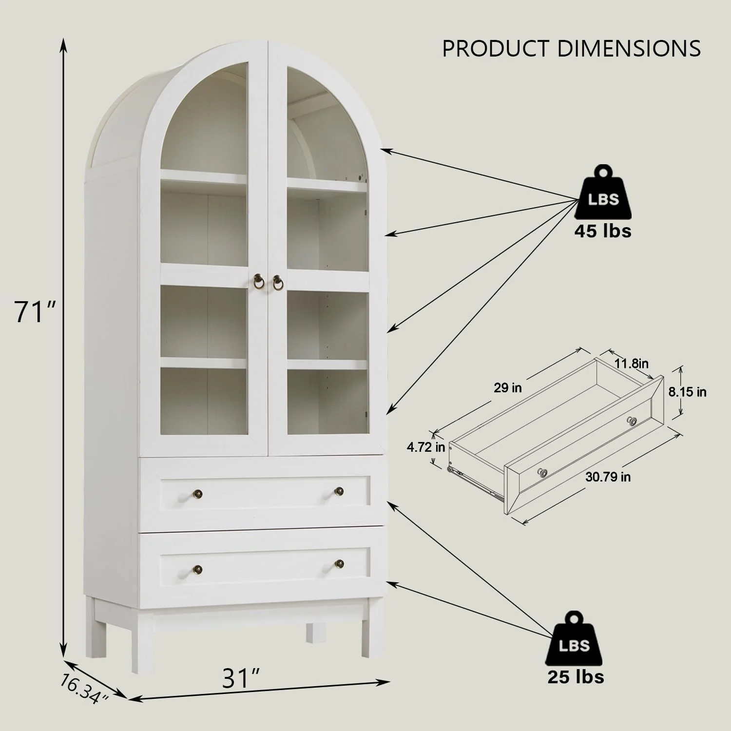 IFGET 71-Inch Arched 4-Tier Bookcase with Glass Doors and Drawers