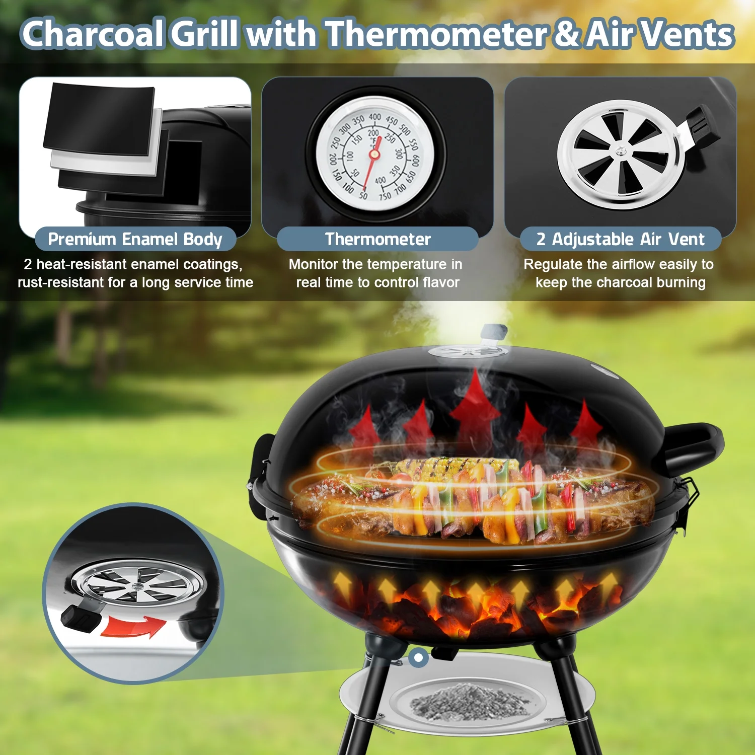 Walchoice 22 inch Charcoal Grill with Wheels & Temperature Gauge, 2 Layer Grilling Racks Heavy Duty Barbecue Grill for Backyard Camping BBQ Cooking, Black Enamel Lid & Bowl