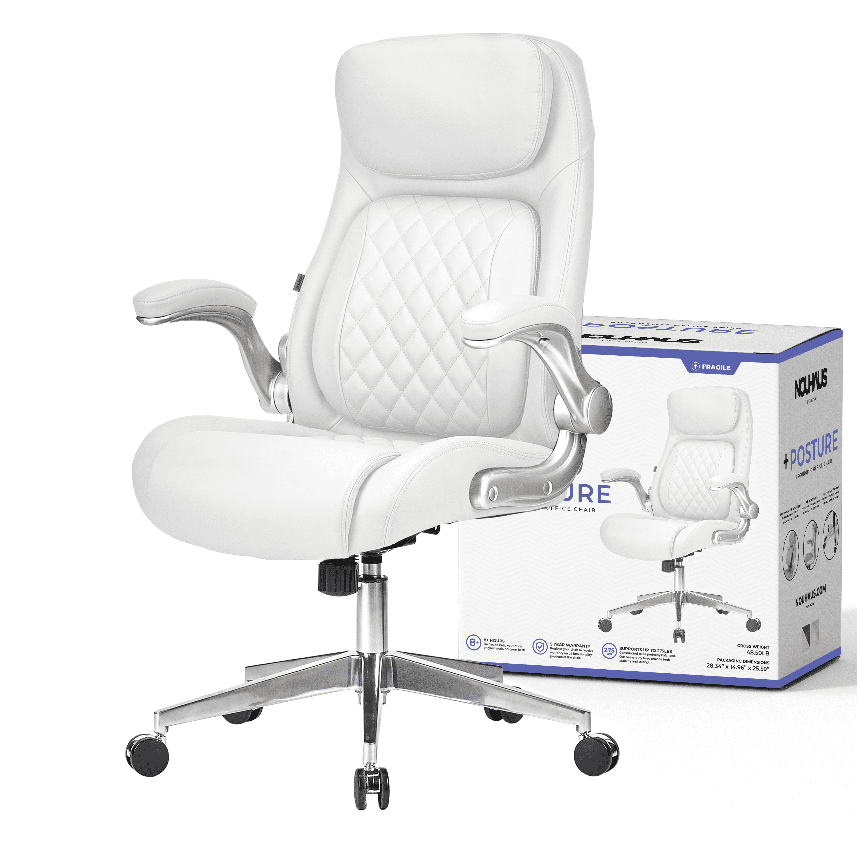 Nouhaus Posture Ergonomic PU Leather Office Chair. Click5 Lumbar Support with FlipAdjust Armrests. Modern Executive Chair and Computer Desk Chair