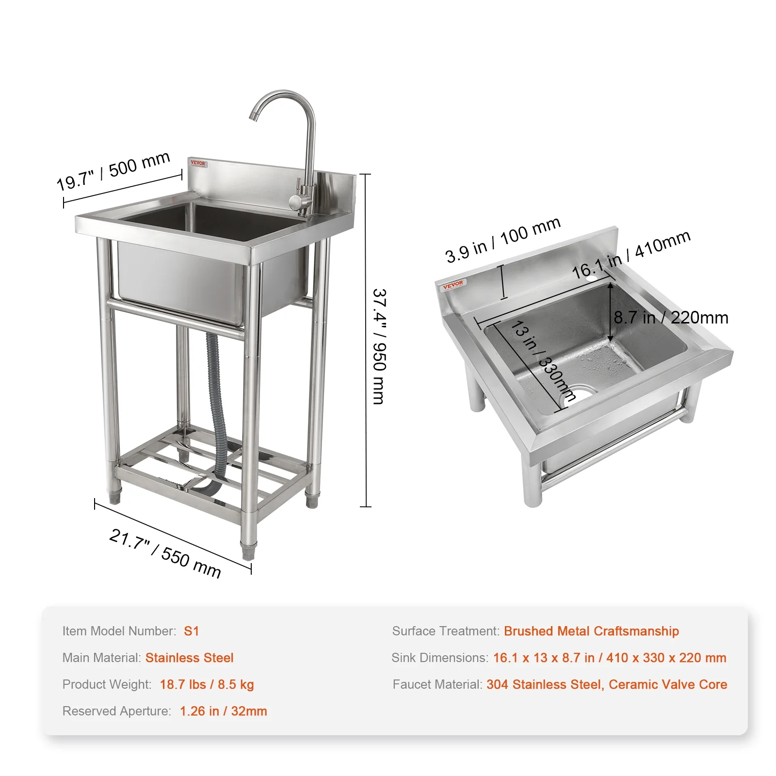 BENTISM S1 Stainless Steel 16 Inch Freestanding Single Bowl Sink