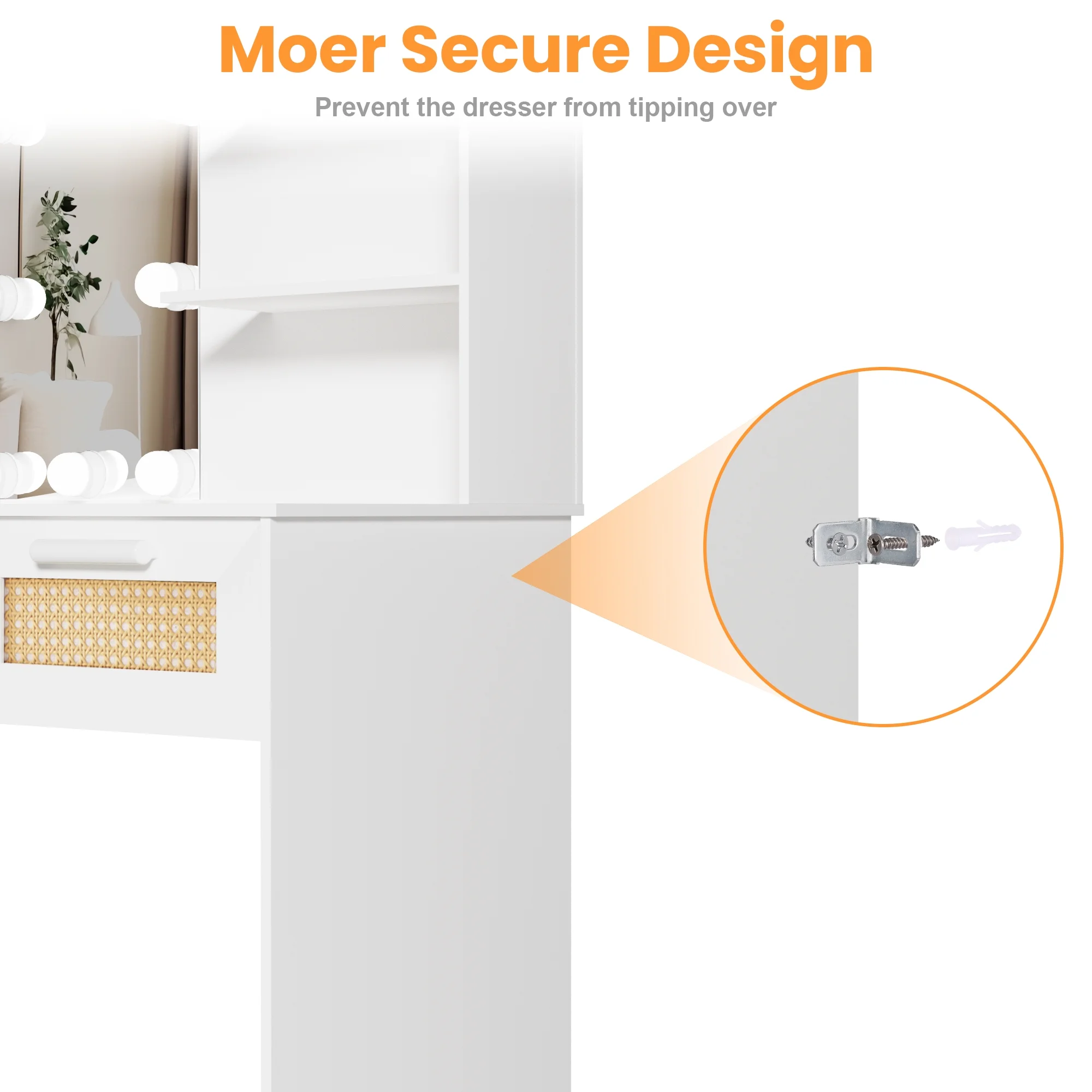 Resenkos Vanity Desk Set with Mirror and Lights for Makeup, 5 Drawers Storage Dresser for Bedroom, White