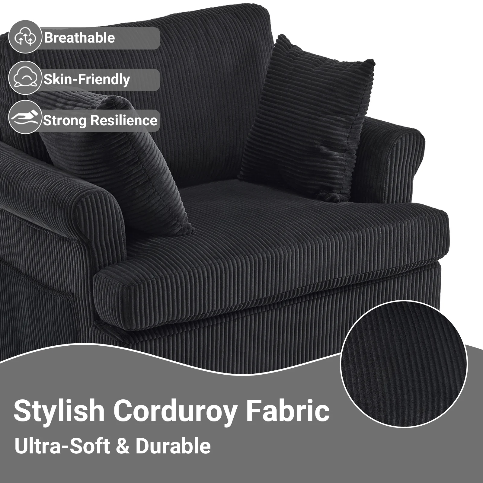 Ktaxon Swivel Accent Chair, 360-Degree Rotation Reading Chair, Corduroy Fabric Sofa with Armrest Pockets, Solid Metal Base, Perfect for Living Room Bedroom Black