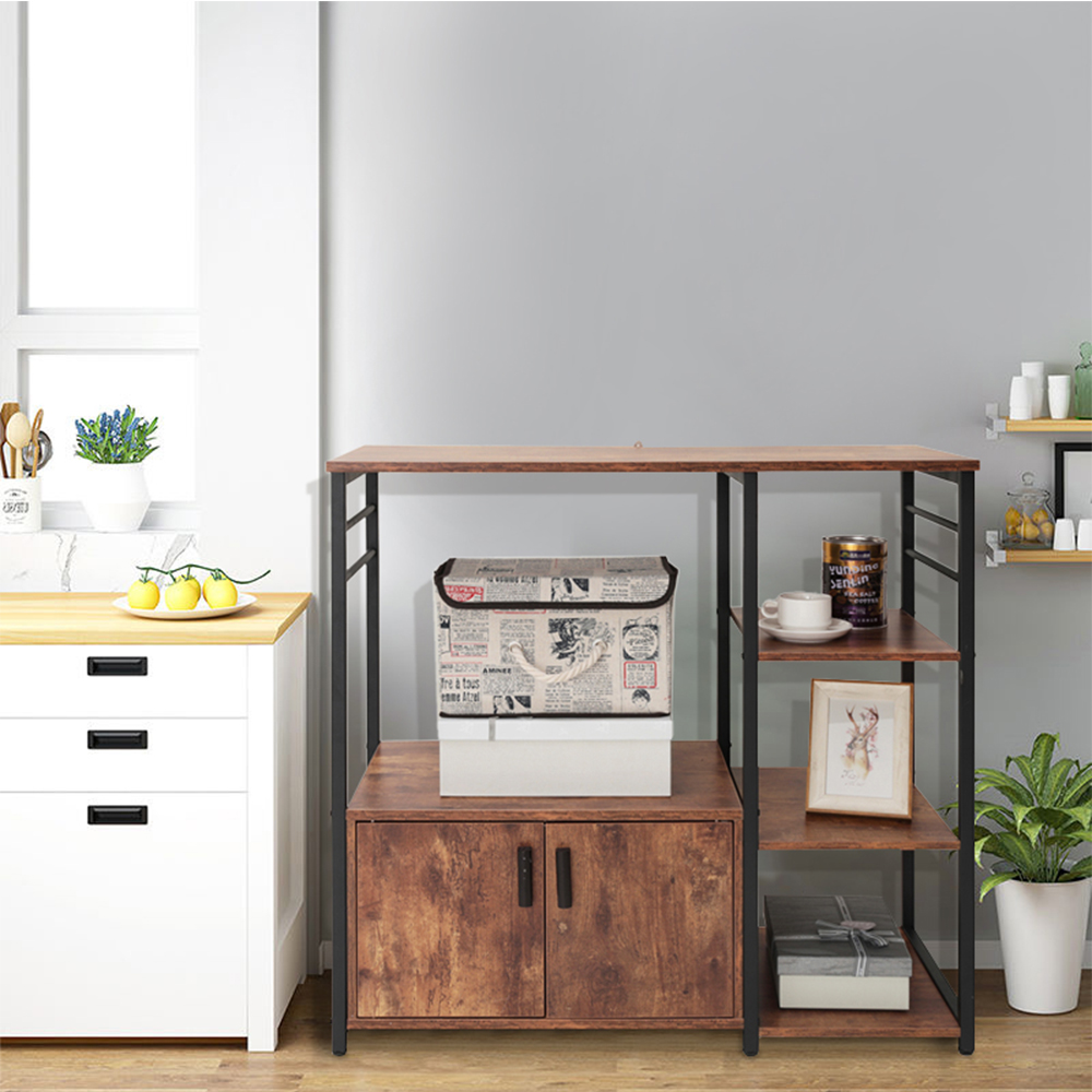 Kitchen Baker's Rack with Storage and 8 Hooks, 4 Tier Microwave Stand with Cabinet, Coffee Bar Station for Small Space, Rustic Brown