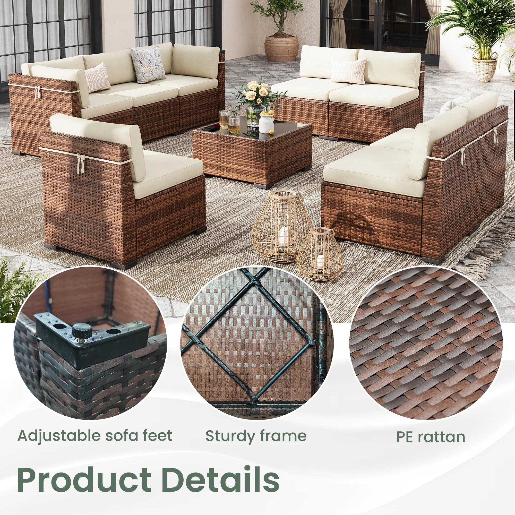 Poteban 7 Pieces Outdoor Sectional Sofa Set , PE Wicker Rattan Slanted Back Outdoor Conversation with Cushions and Glass Coffee Table for Backyard Garden, Dark Gray