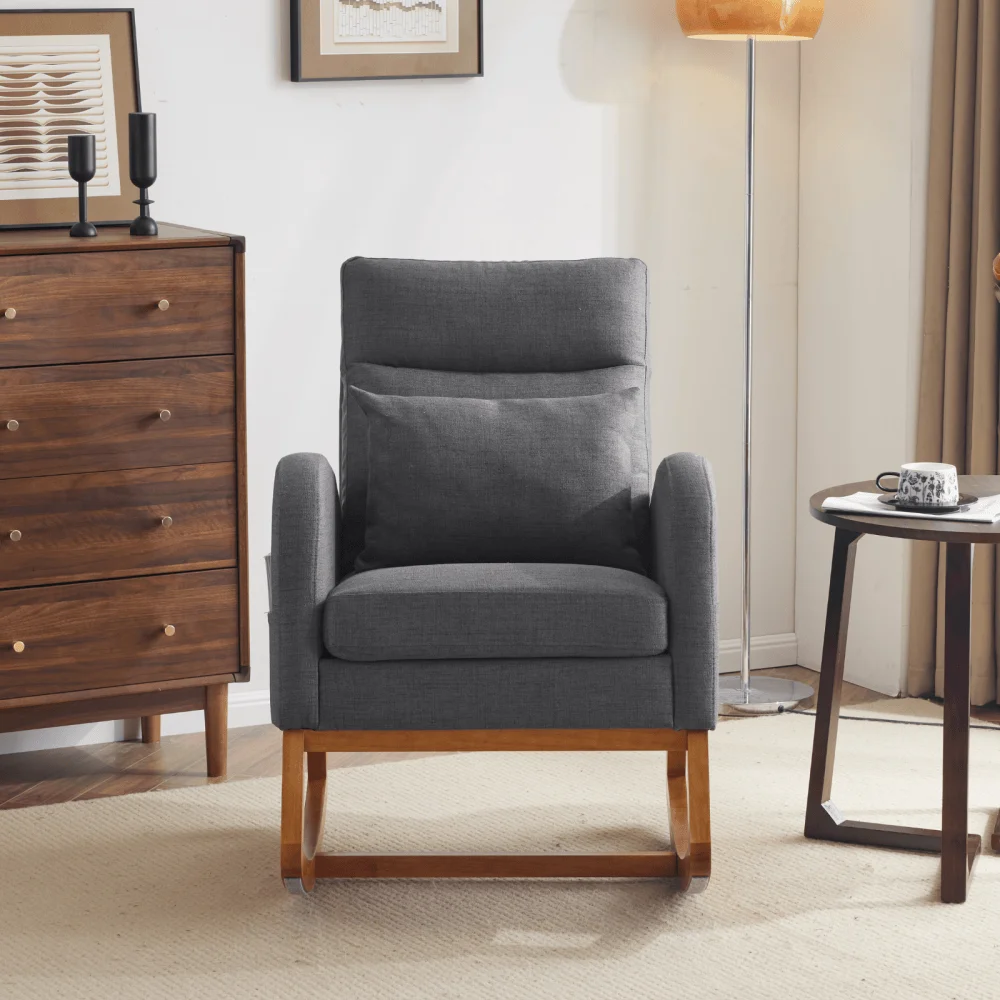 Hassch Upholstered Rocking Chair, Linen Fabric Glider Rocker with High Back, Accent Chair with Solid Wood Base, Reading Chair with Side Pocket for Living Room Bedroom Balcony, Gray
