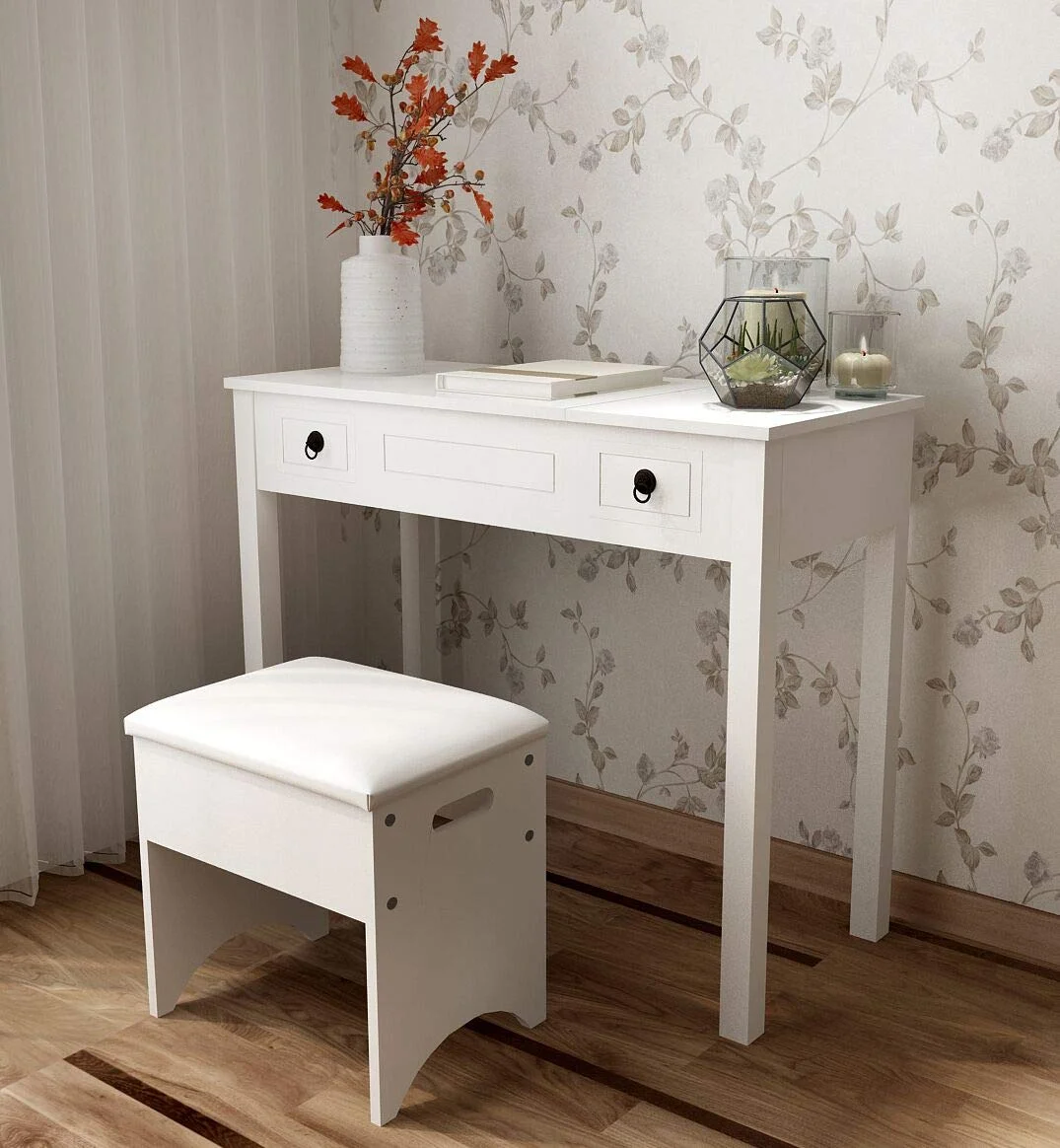 Ktaxon Vanity Set,Flip-top Mirror Dressing Table Makeup Vanity Table Writing Desk with 2 Drawers and Stool, White