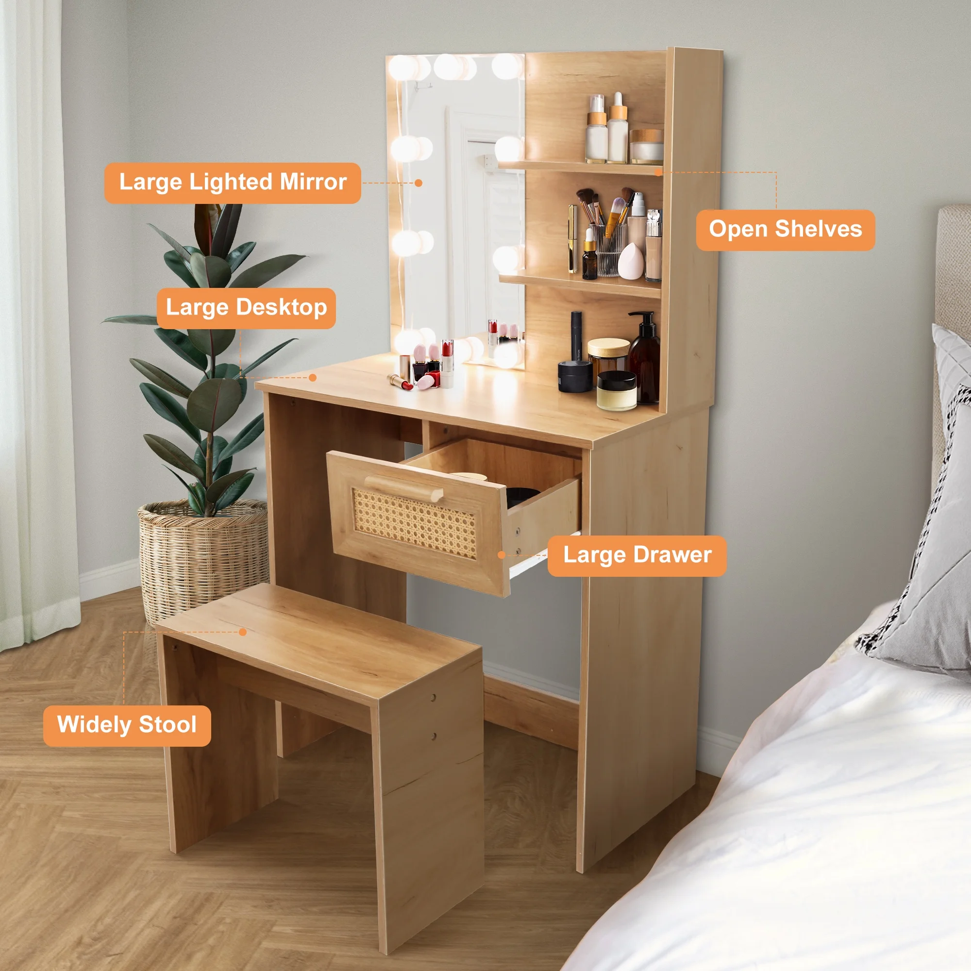 PORKISS Makeup Vanity Desk with Mirror & Lights, Vanity Table Set with Power Outlet & Hair Dryer Rack, Modern Dressing Table for Bedroom with 2 Drawers, Storage Cabinet and Storage Stool, White
