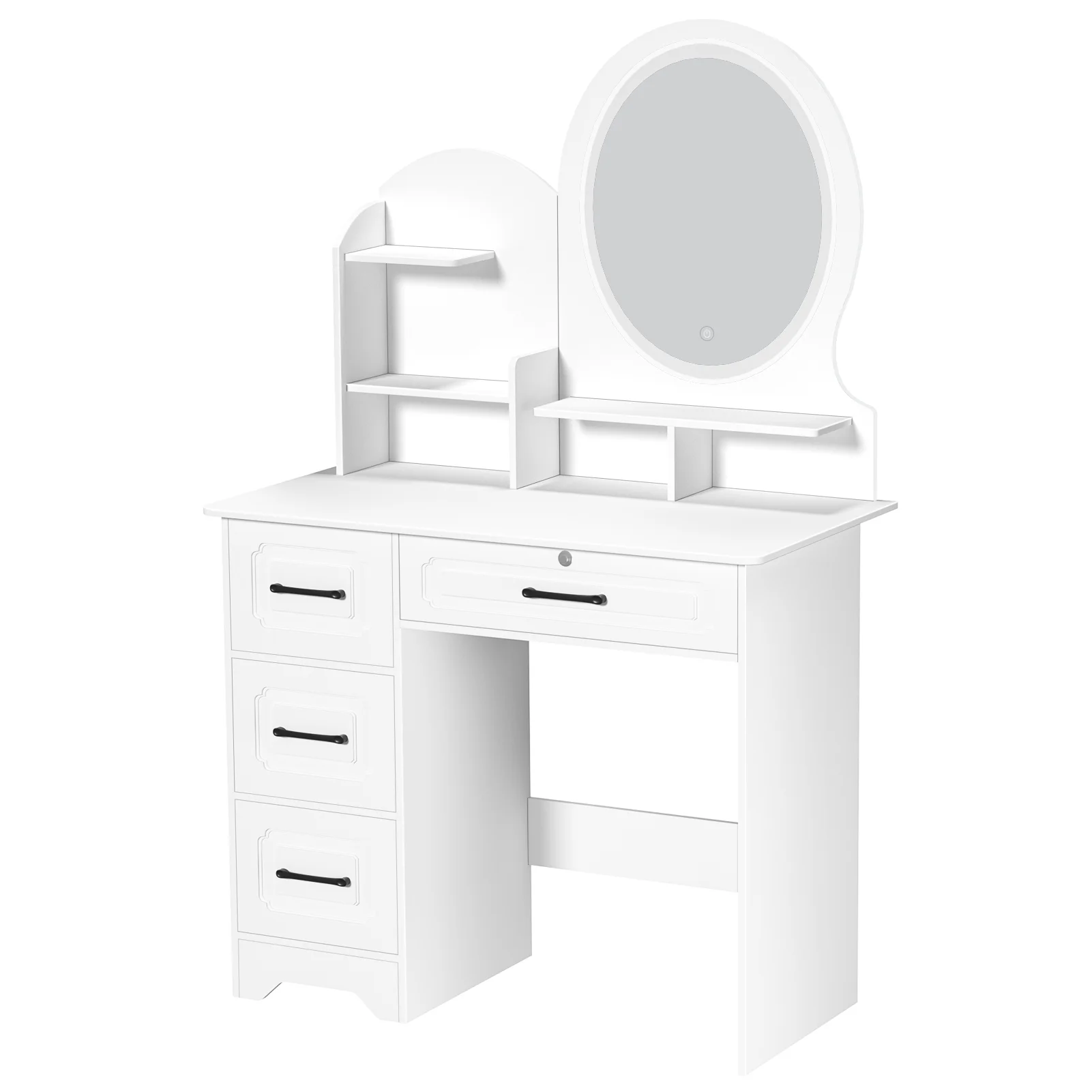 Anvazise Makeup Desk with Mirror, Large Vanity Desk with Storage Shelves, 4 Drawers, Makeup Vanity Table with Light, Bedroom Dressing Table