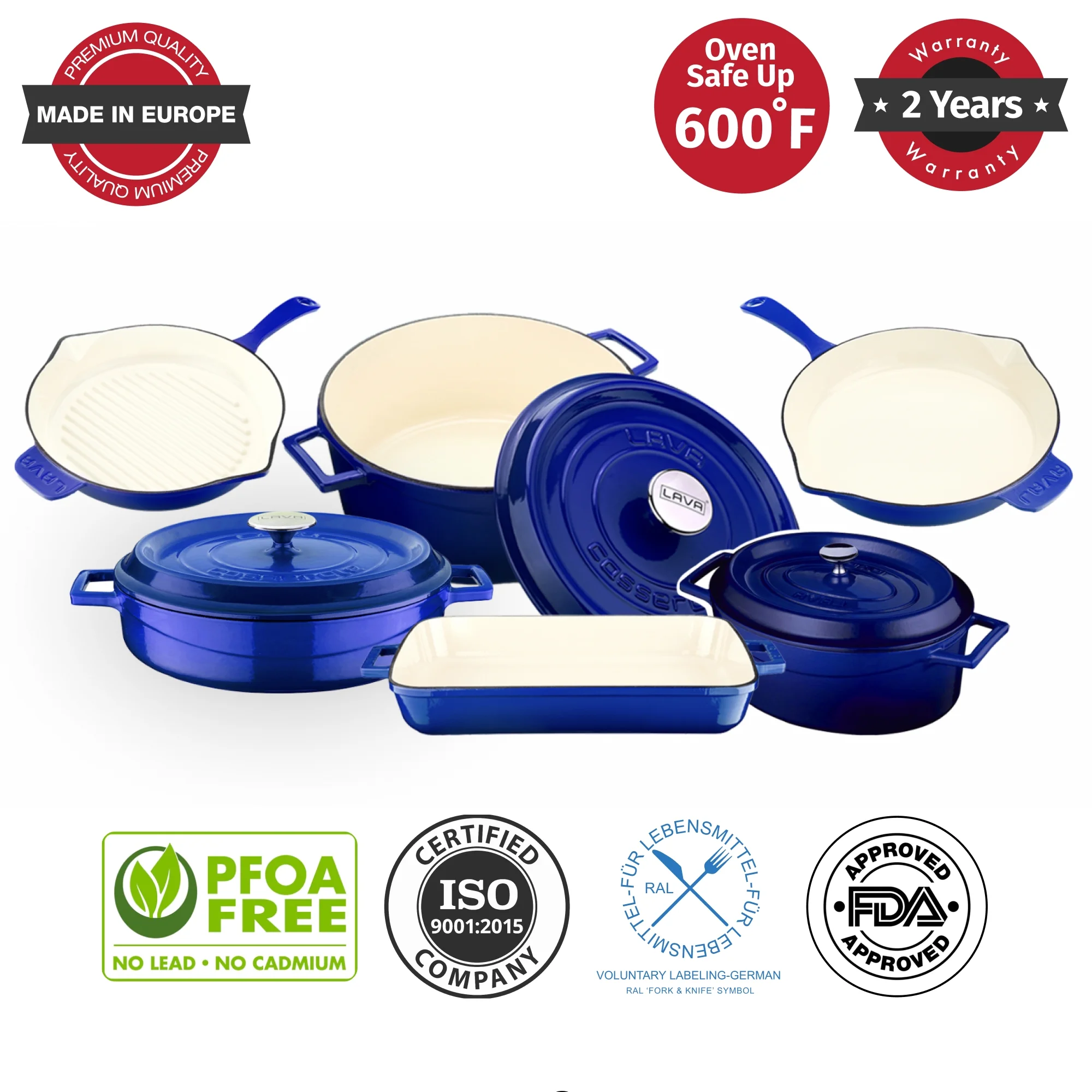 LAVA 6.75 Quarts Cast Iron Dutch Oven: Multipurpose Stylish Oval Shape Dutch Oven Pot with Three Layers of Enamel Coated with Trendy Lid (Blue)