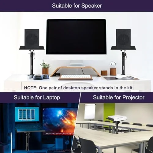 Clamp On Desktop Speaker Stand Holder Pair, Heavy Duty Audio Studio Monitor Stands Riser Tilt Height Adjustable, Universal Desk Mount Shelf Tray for Subwoofer Surround Sound Bookshelf Laptop