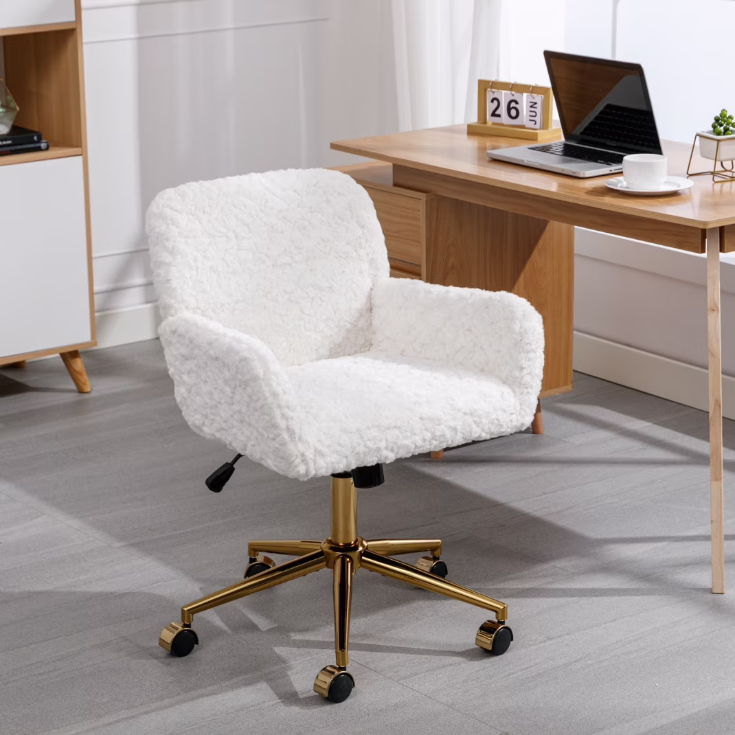 Furniture Office Chair,  Artificial Rabbit Hair Makeup Vanity Chair Chair, 360 Comfy Swivel Armchair with Wheels, Modern Height Adjustable Cute Vanity Chair for Living Room Small Spaces Pink