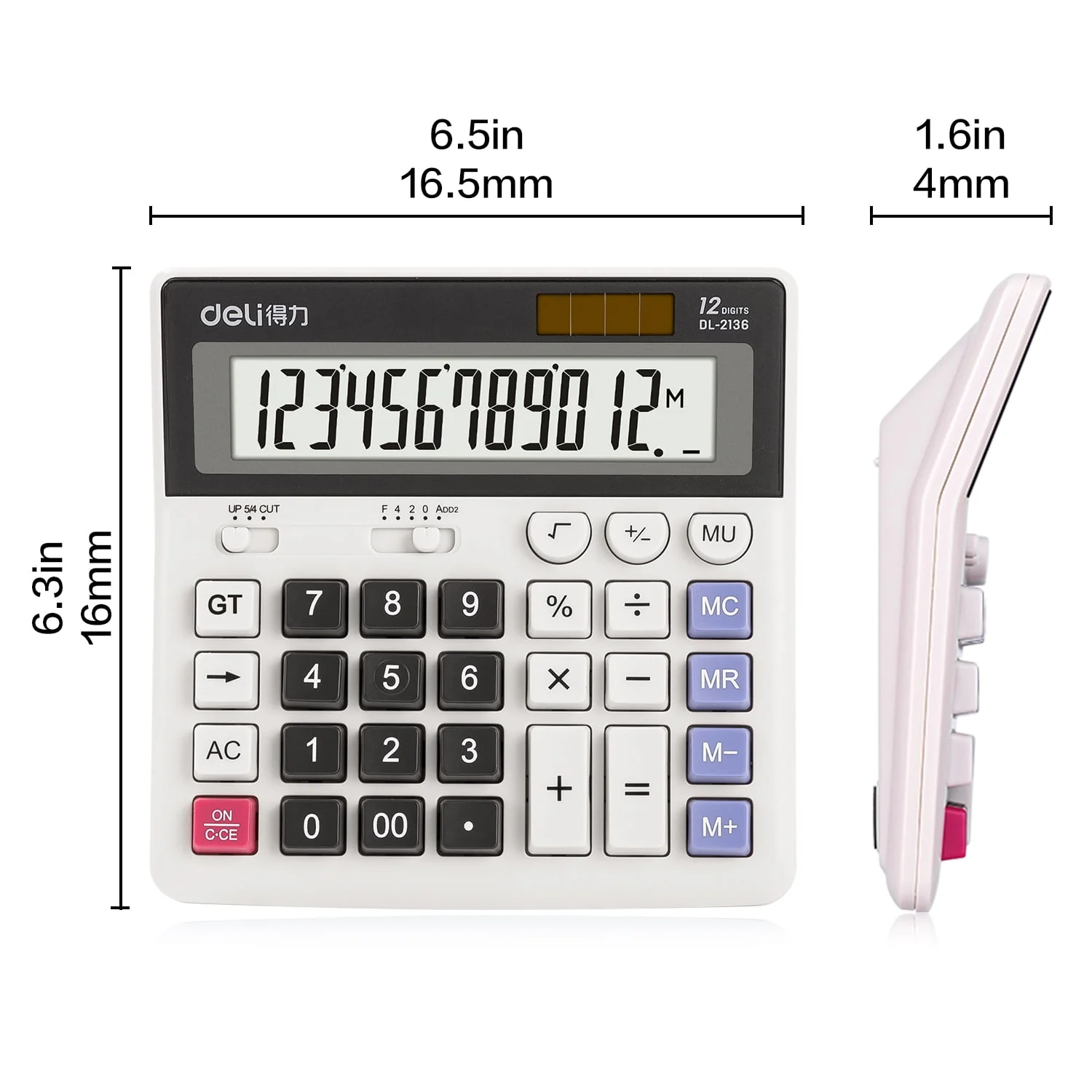 Deli 12-Digit Desktop Calculator, Dual Power, Extra Large LCD Display, White