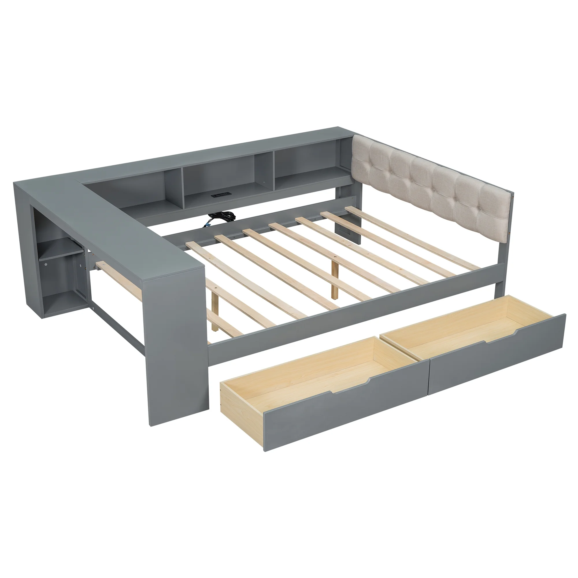 Euroco Wood Twin Size Platform Bed with Desk and Shelves, Drawers and USB Charging for Kids, Cream
