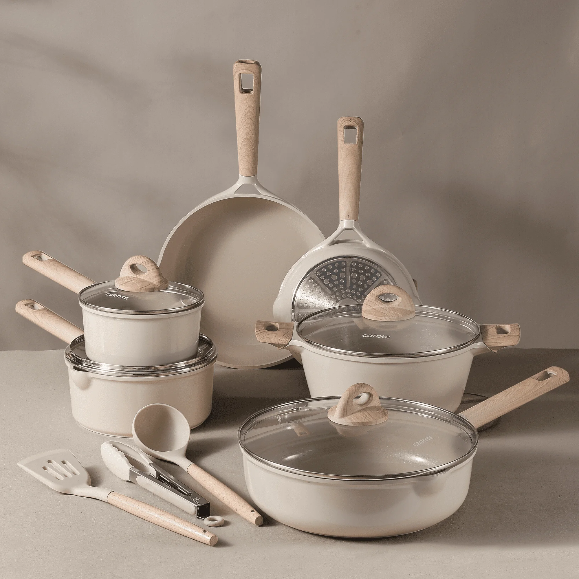 Carote Nonstick Pots and Pans Set, 13 Pieces Kitchen Cookware Sets Compatible for All Stoves, White Granite
