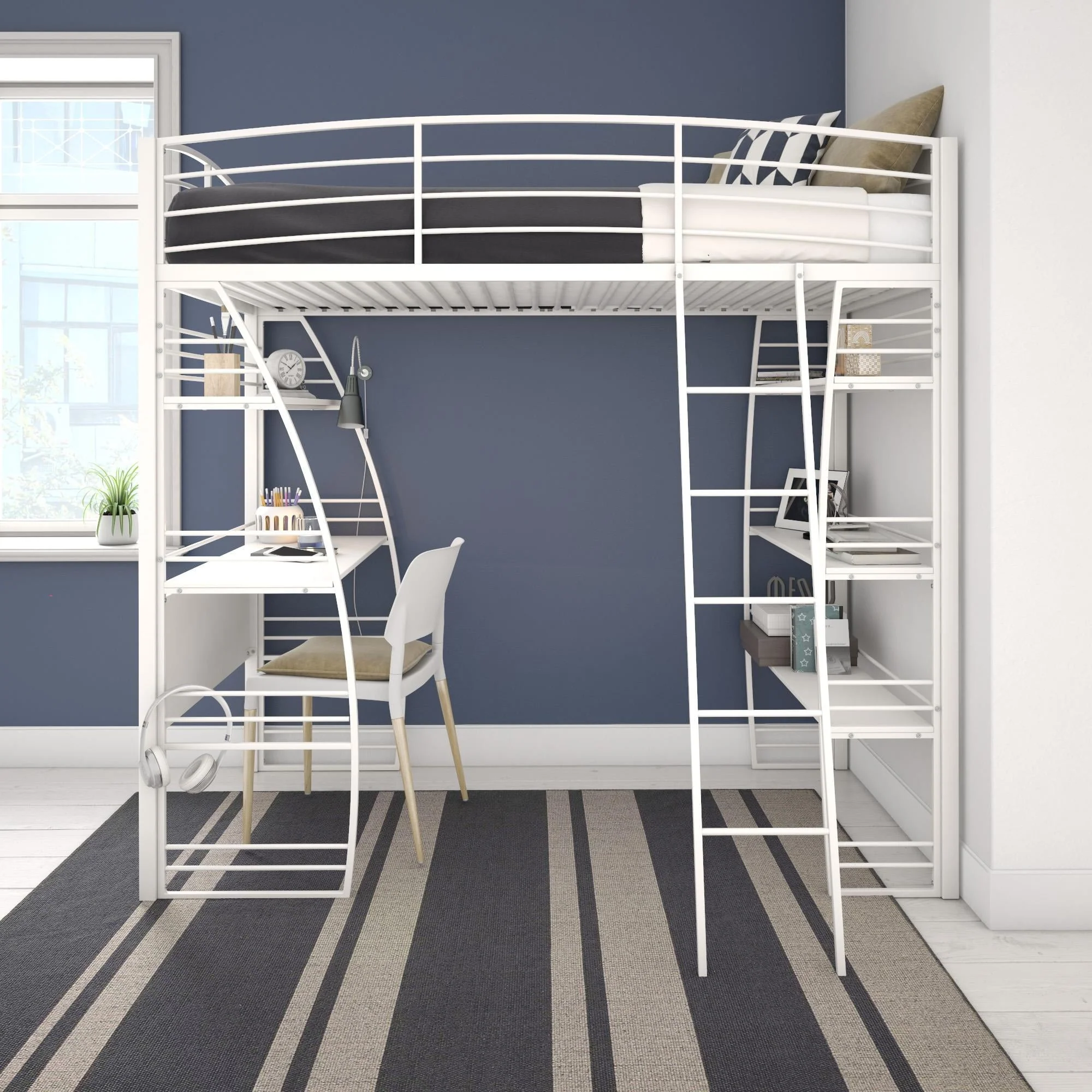 DHP Sage Studio Twin Metal Loft Bed with Integrated Desk and Shelves, Off White