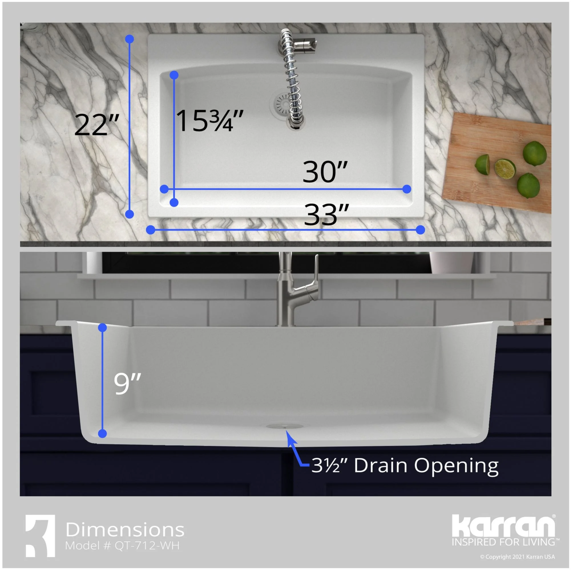 Karran  Drop-In Quartz Single Bowl Kitchen Sink Concrete