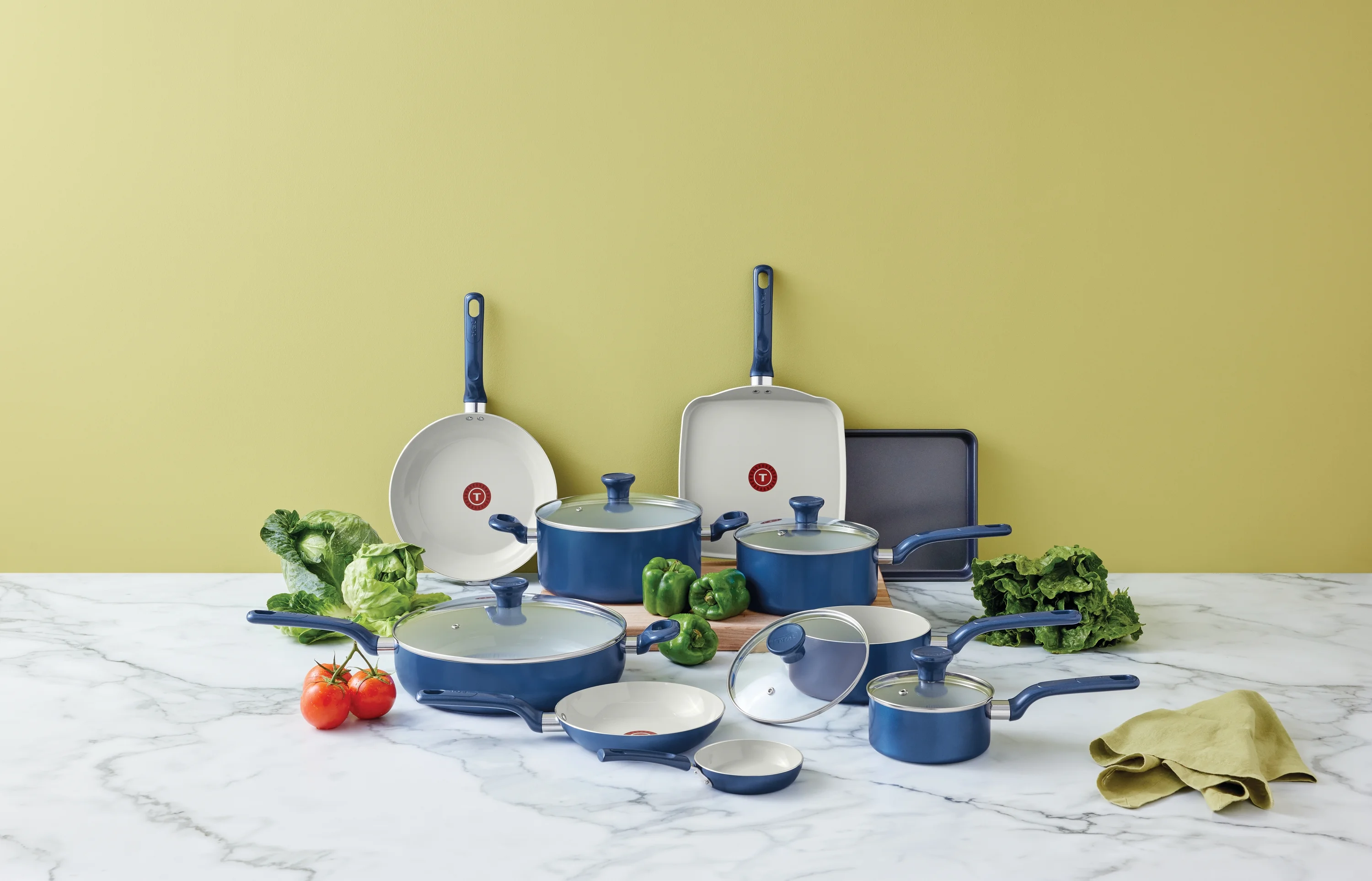 T-fal Easy Care Ceramic, 20 Piece Pots and Pans Cookware Set, Electric Blue
