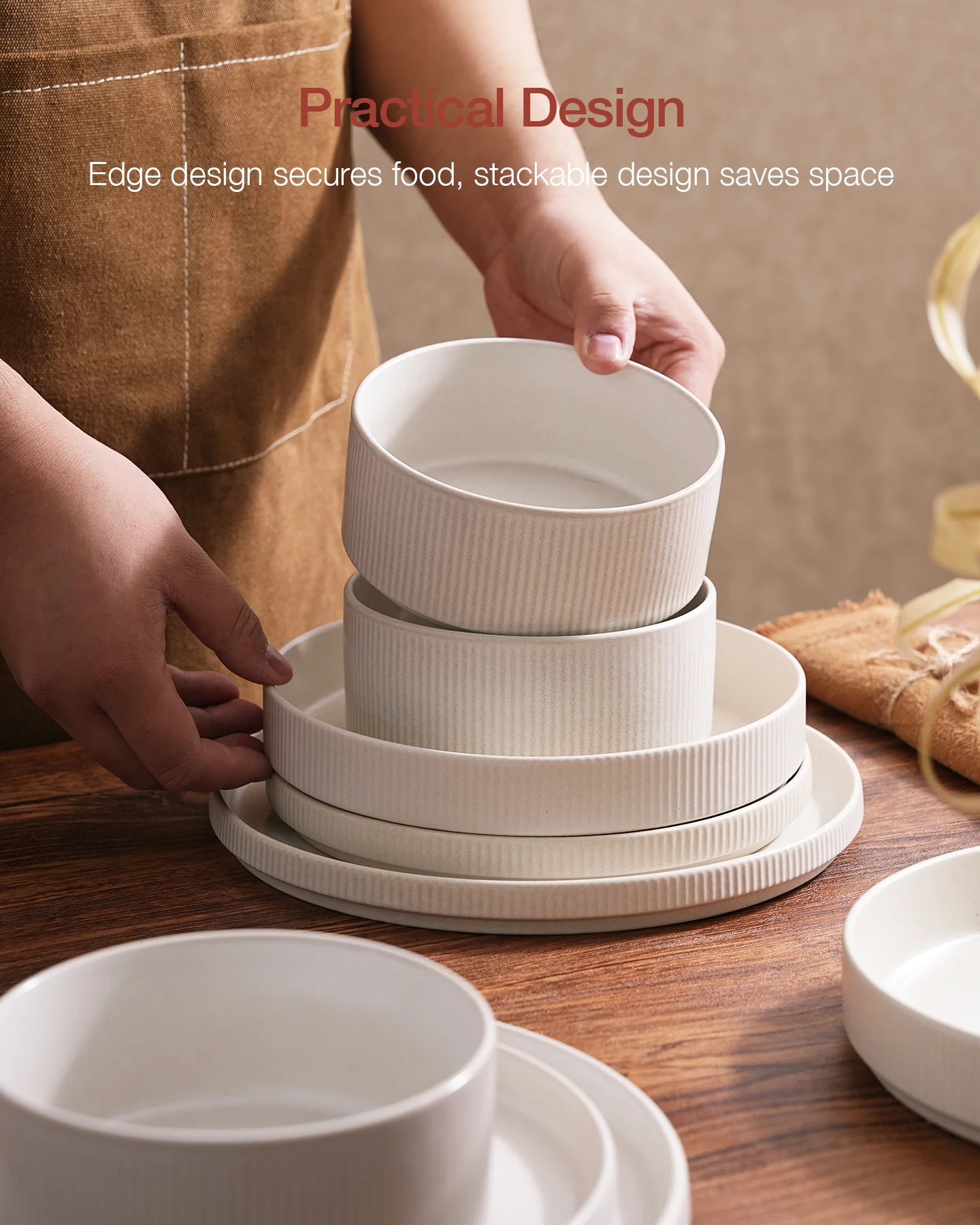 Famiware Star Stoneware Dinnerware Sets, Plates and Bowls Set for 4, 12 Piece Dish Set, Cappuccino White