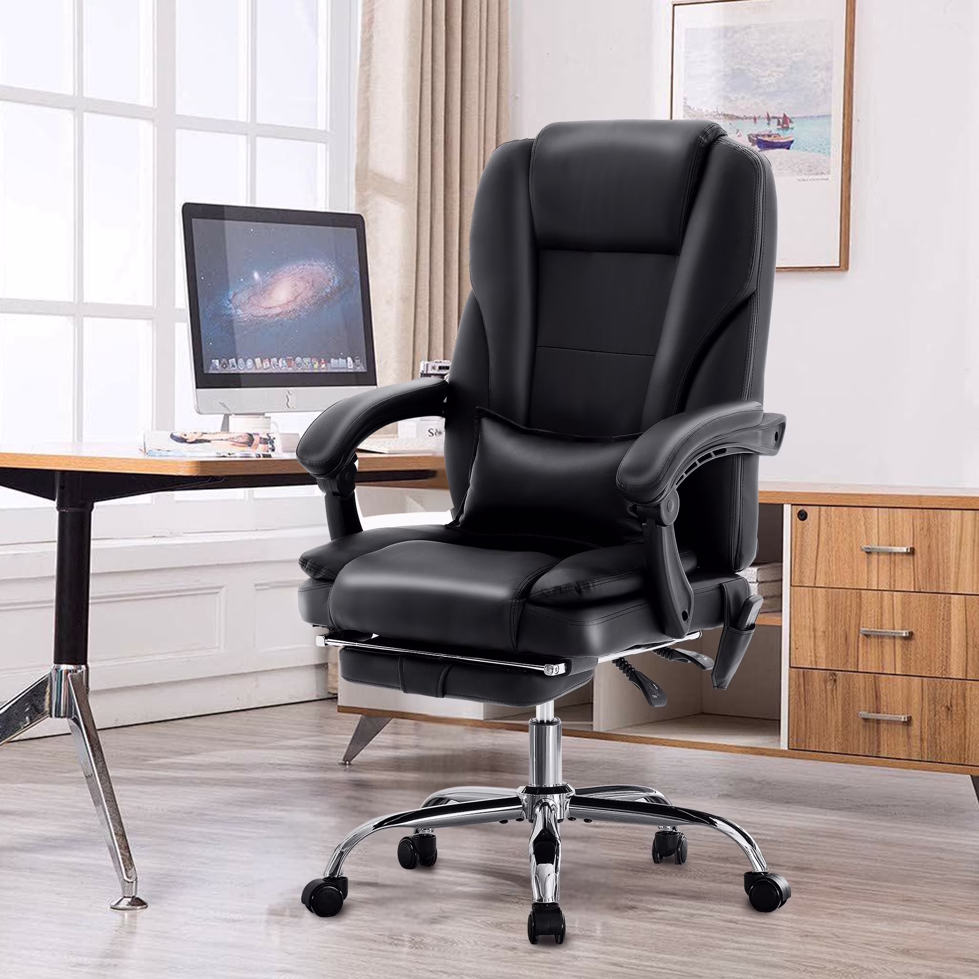 JONPONY Big and Tall Office Chair 500LBS Executive Office Chair Massage and Footrest Ergonomic Computer Desk Chair Reclining High Back Leather Office Chair Lumbar Back Support Swivel Rolling,Black