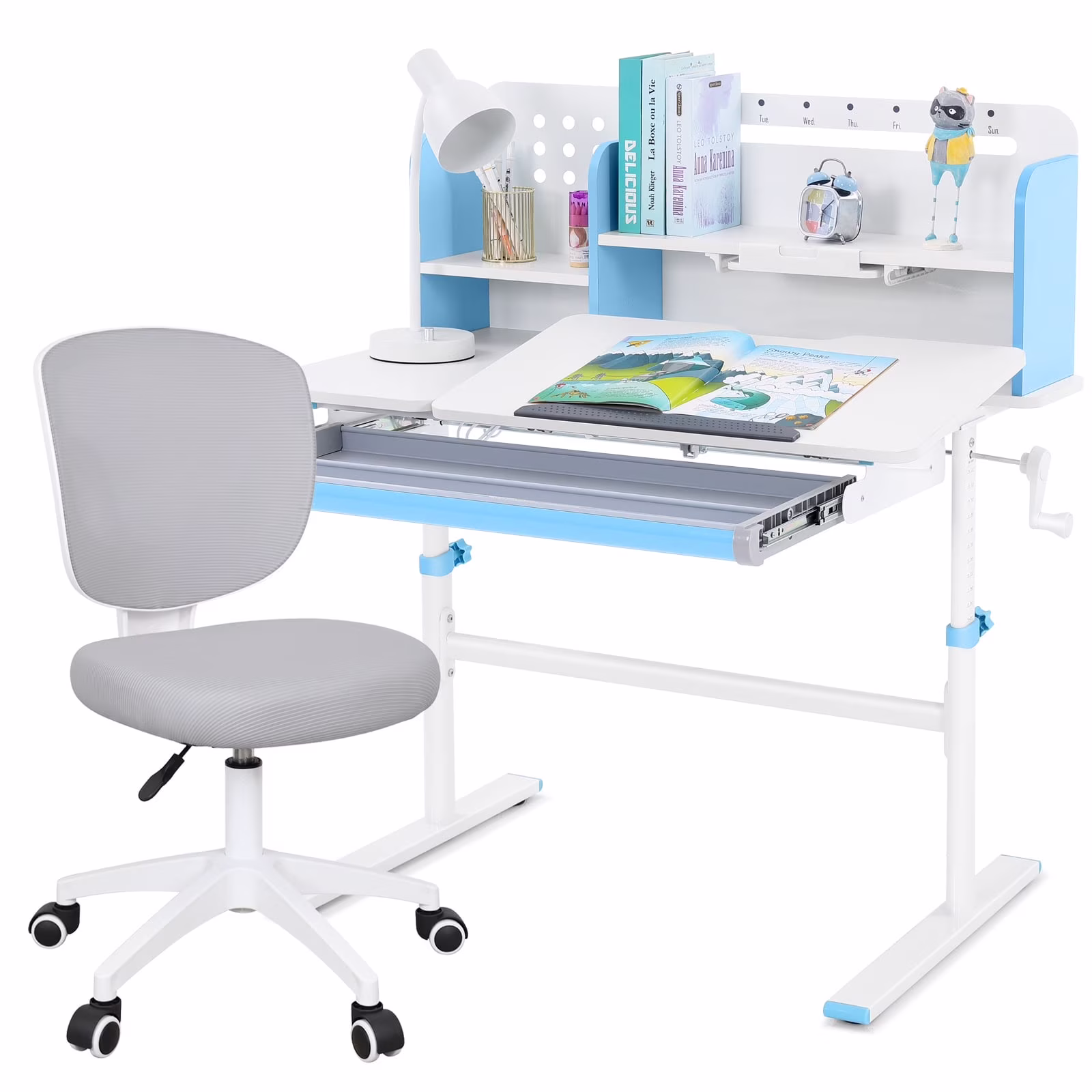 Adjustable Height Ergonomic Kids Study Desk & Chair Set Children Students Drafting Table Home School with Shelf,Drawer(Gray)