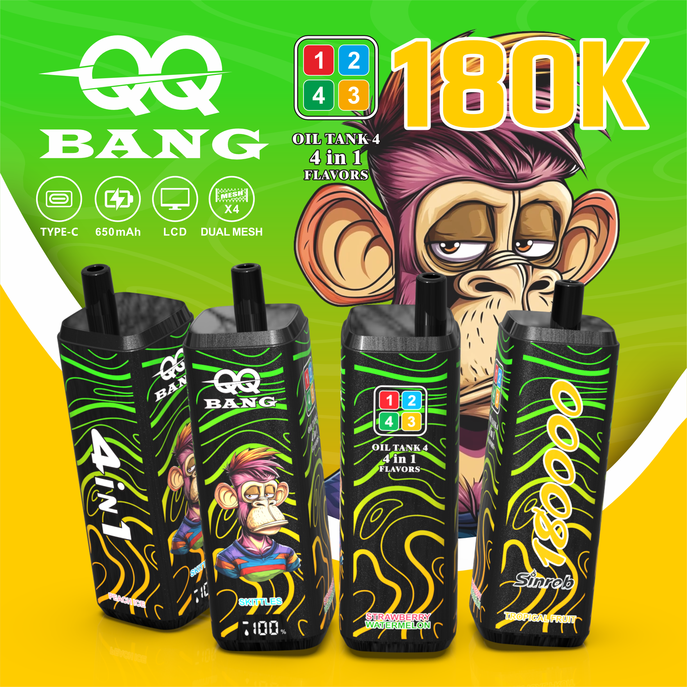 QQ BANG 180 000 potahů | E-cigareta 4v1 s LCD displejem (4 příchutě v 1)