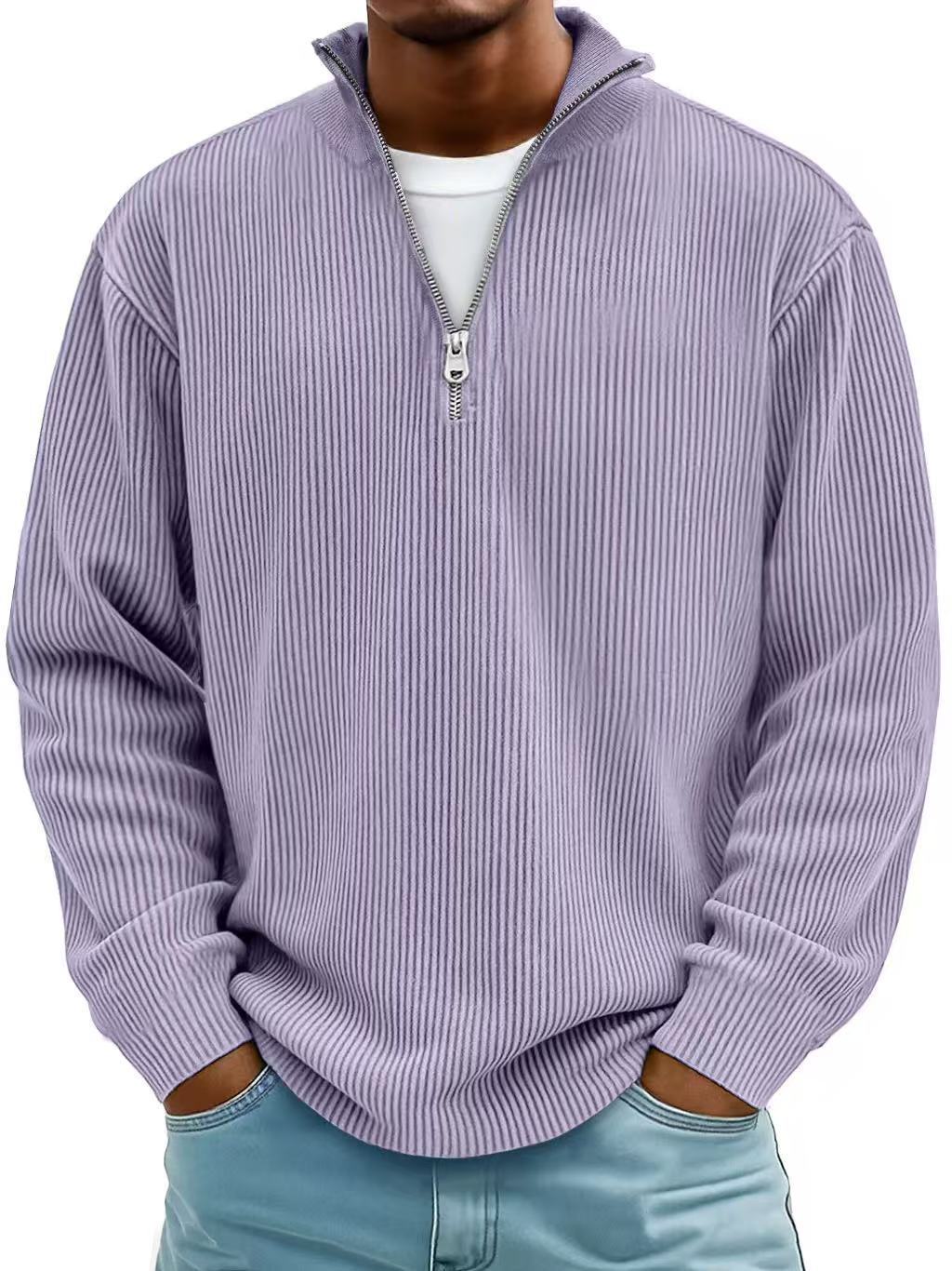 Men's Simple Casual Ribbed Stand-Collar Zip Long-Sleeve Tee
