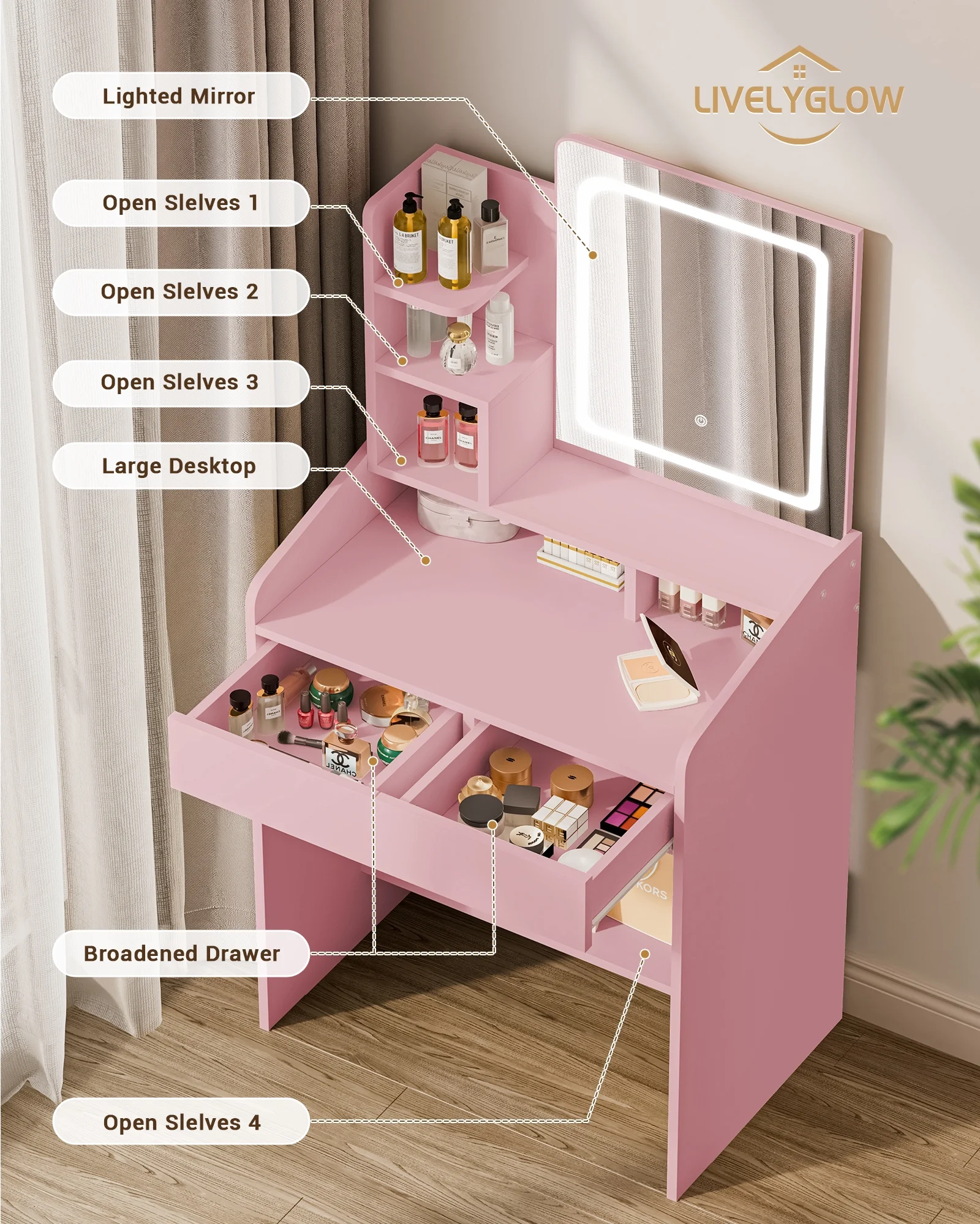 LIVELYGLOW Vanity Desk Set with Square Mirror and Light- Small Vanity Table with Drawers- White