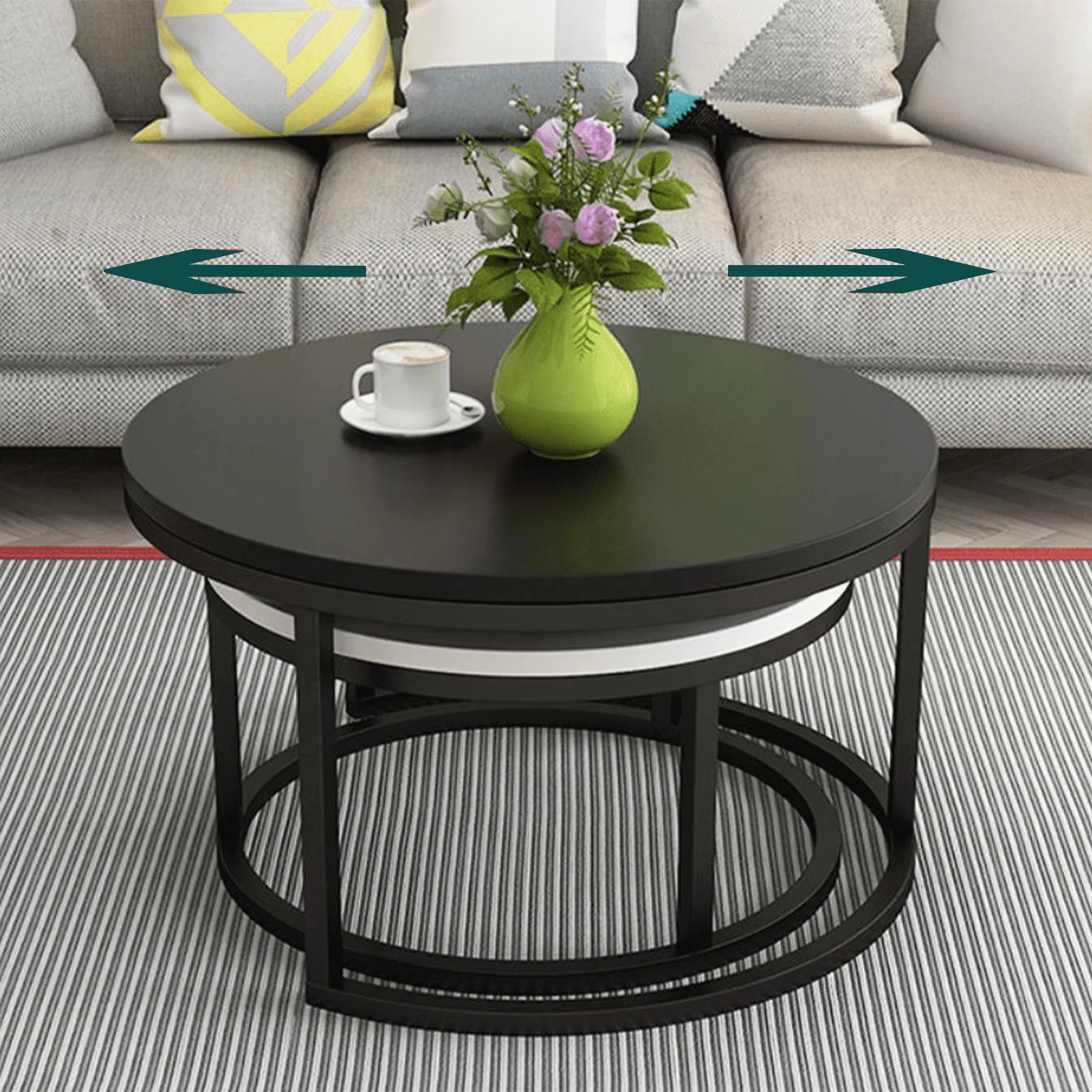 2 Round Tea Table Coffee Table Desk Sets | Black & White - Twin Sets Multi Function Wood & Steel Living Room Home Decor Polished Surface Overlapping Ending Tables Cocktail Table
