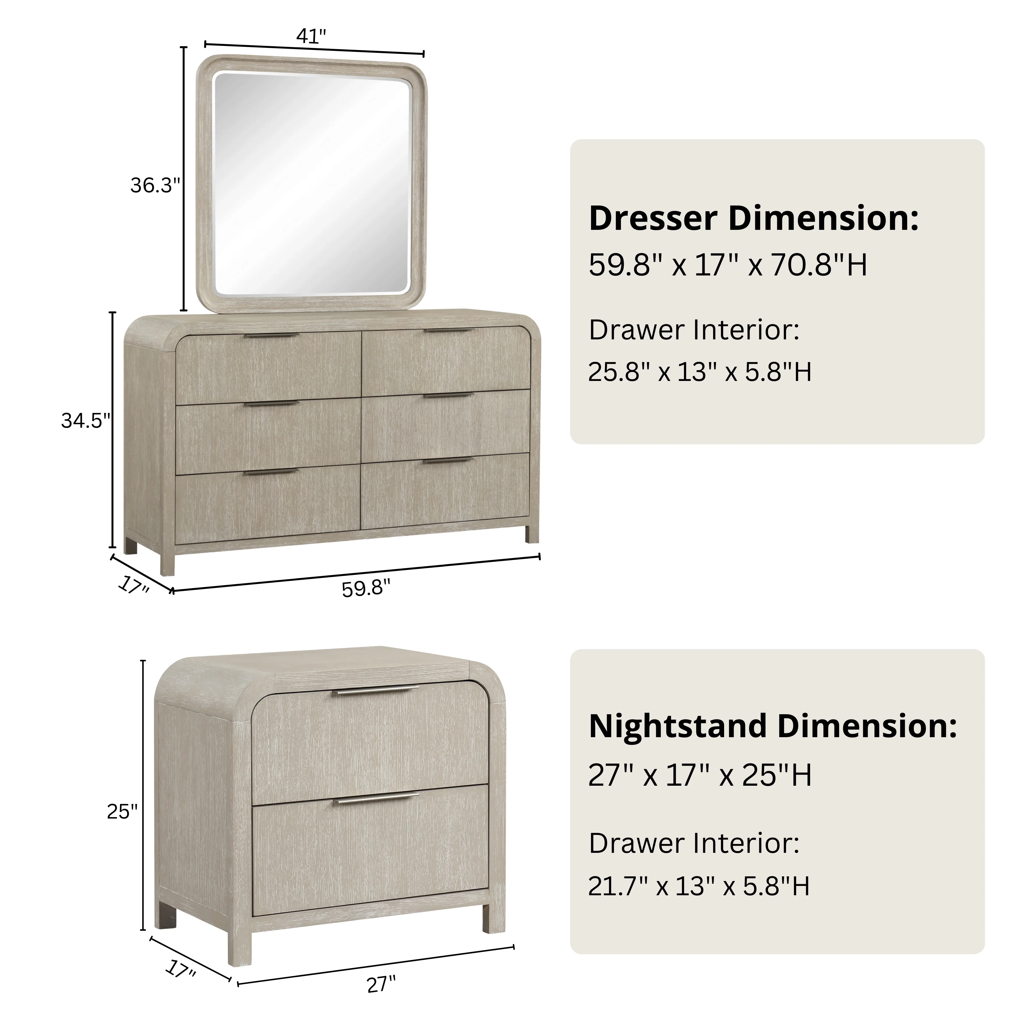 Roundhill Furniture Tavari 6-Piece Bedroom Set with Panel Bed, Dresser, Mirror, Two Nightstands, and Chest in Light Gray, King Size