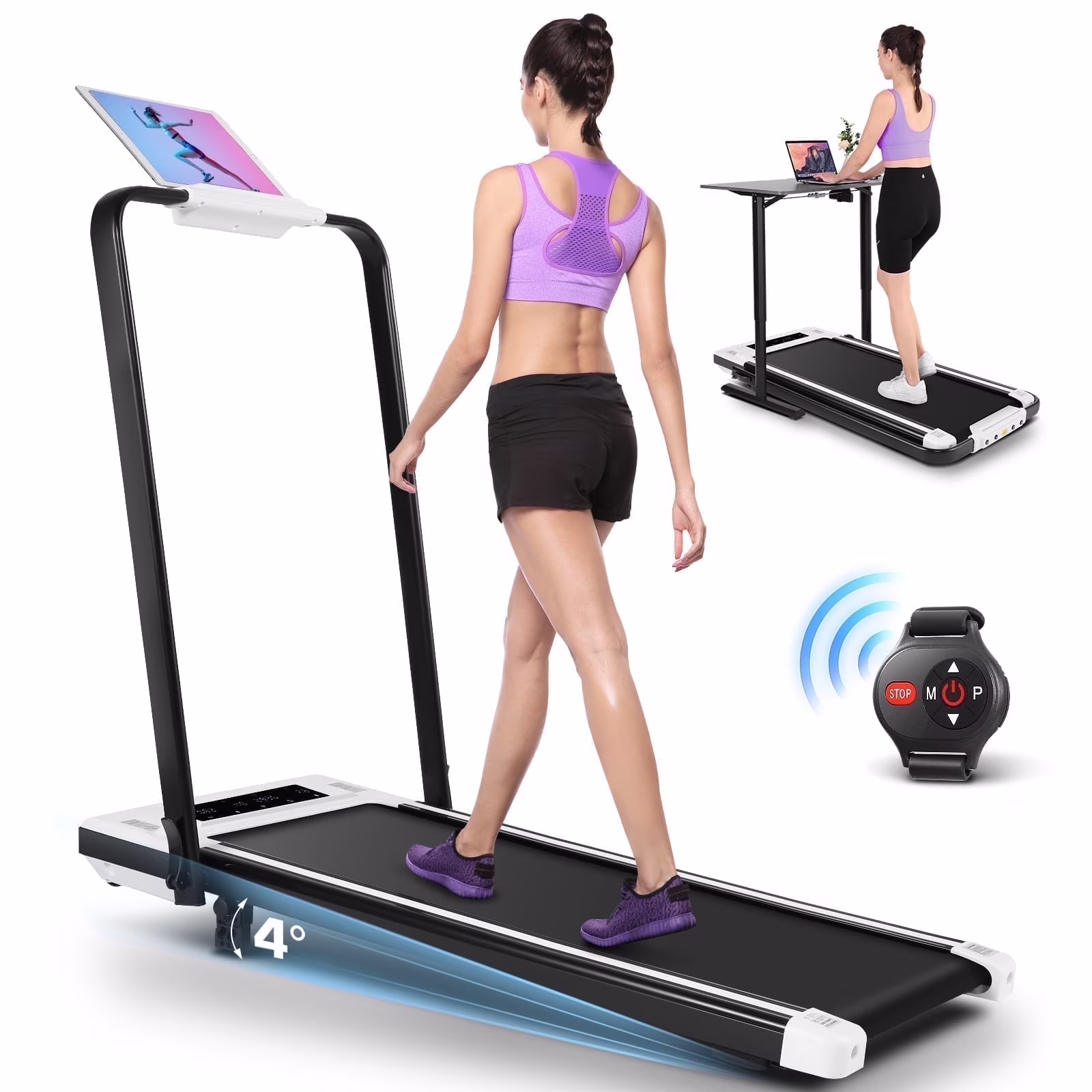 2 in 1 Walking Pad Treadmill with Incline, 2.5HP Under Desk Treadmill with Handle Remote Control & LED Touch Screen for Home Office Workout, 300lbs Weight Capacity Black & Green