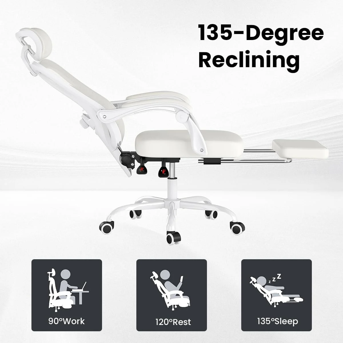 STARY Ergonomic Office Chair with Footrest, High Back Mesh Desk Chair with Adjustable Headrest & Lumbar Support, Comfortable Computer Chair for Home Office Study, White & Beige