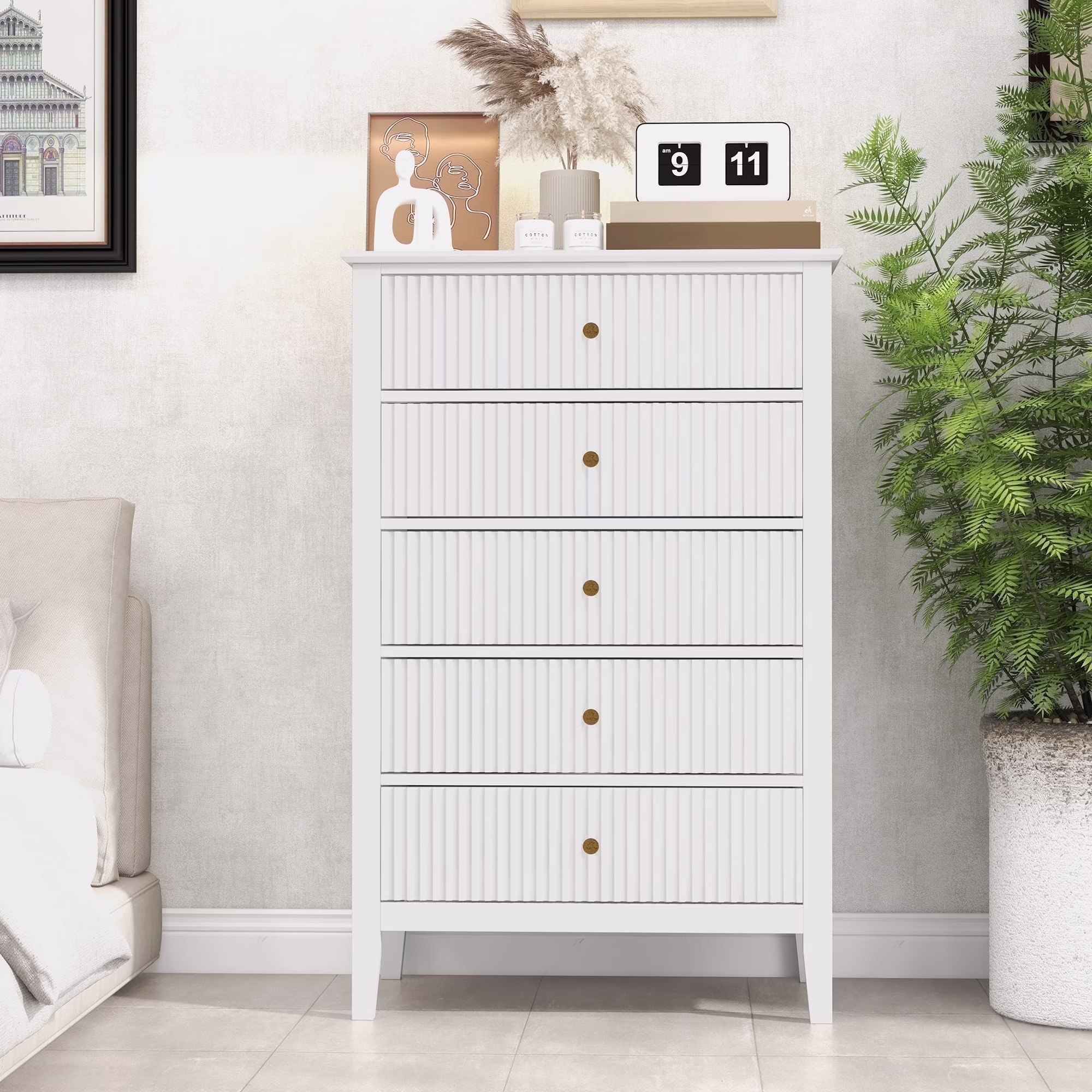 May Color Large White 3 Drawer Dresser Set of 2 with Fluted Panel, Modern Chest of Drawers with Silent Slide Drawers, Wood Accent Nightstand with Storage for Bedroom Living Room, Hallway
