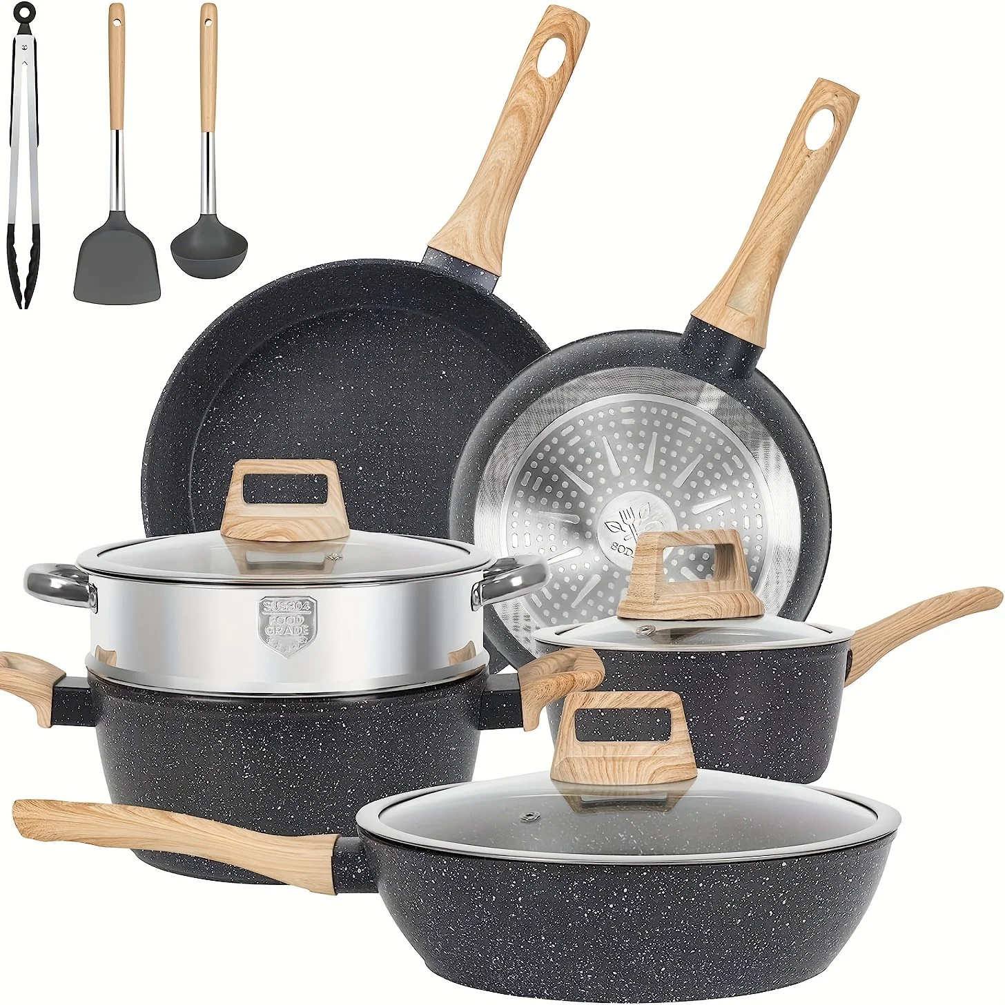 Non-stick 12 POTS and pans Set, Cookware Set, including frying pan, pan, steamer, silicone spatula and tongs - Granite cooking Set (black)