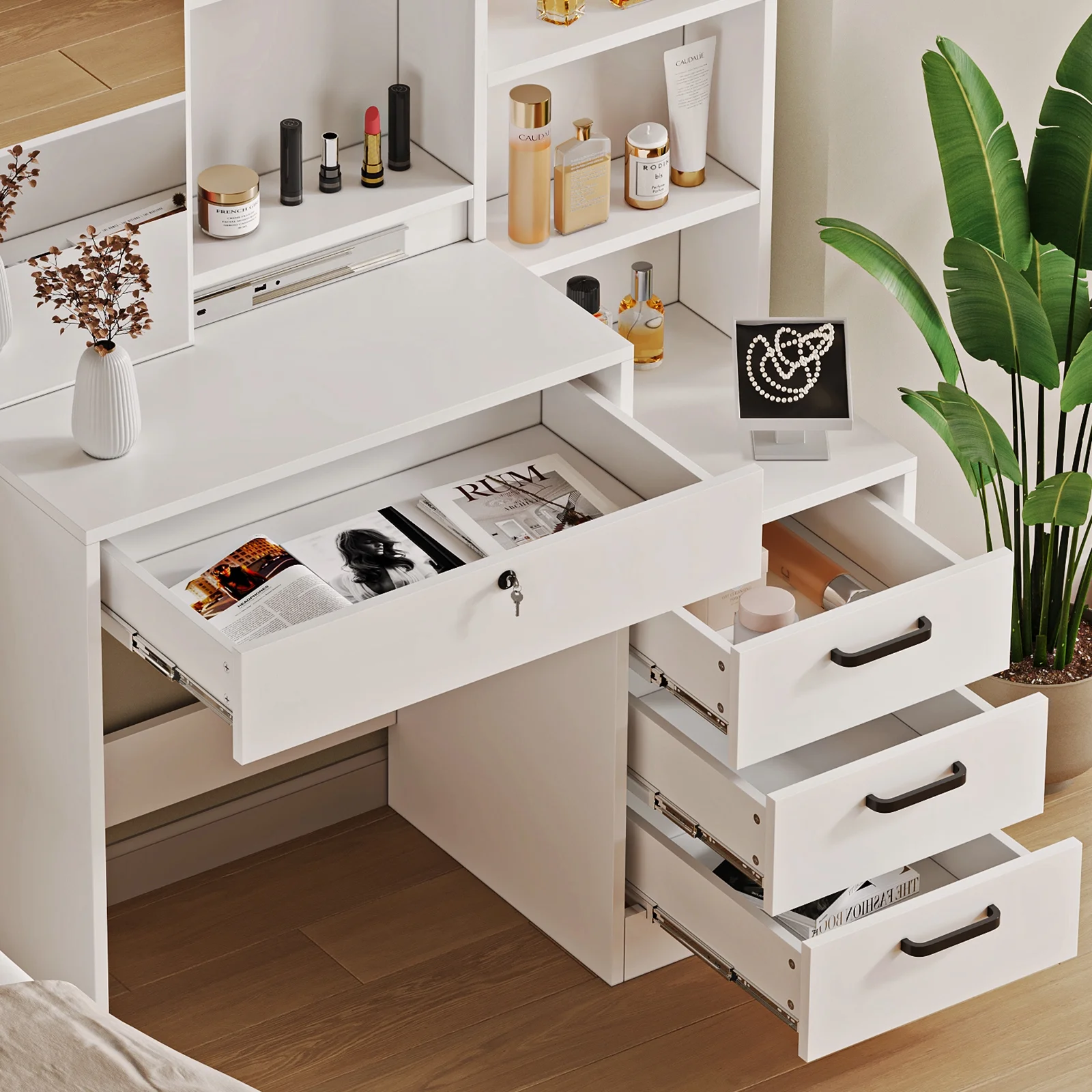 Fenbeli Vanity Set with Mirror and Lights, Makeup Vanity with 3 Drawers, Vanity Desk for Girls, Women, White