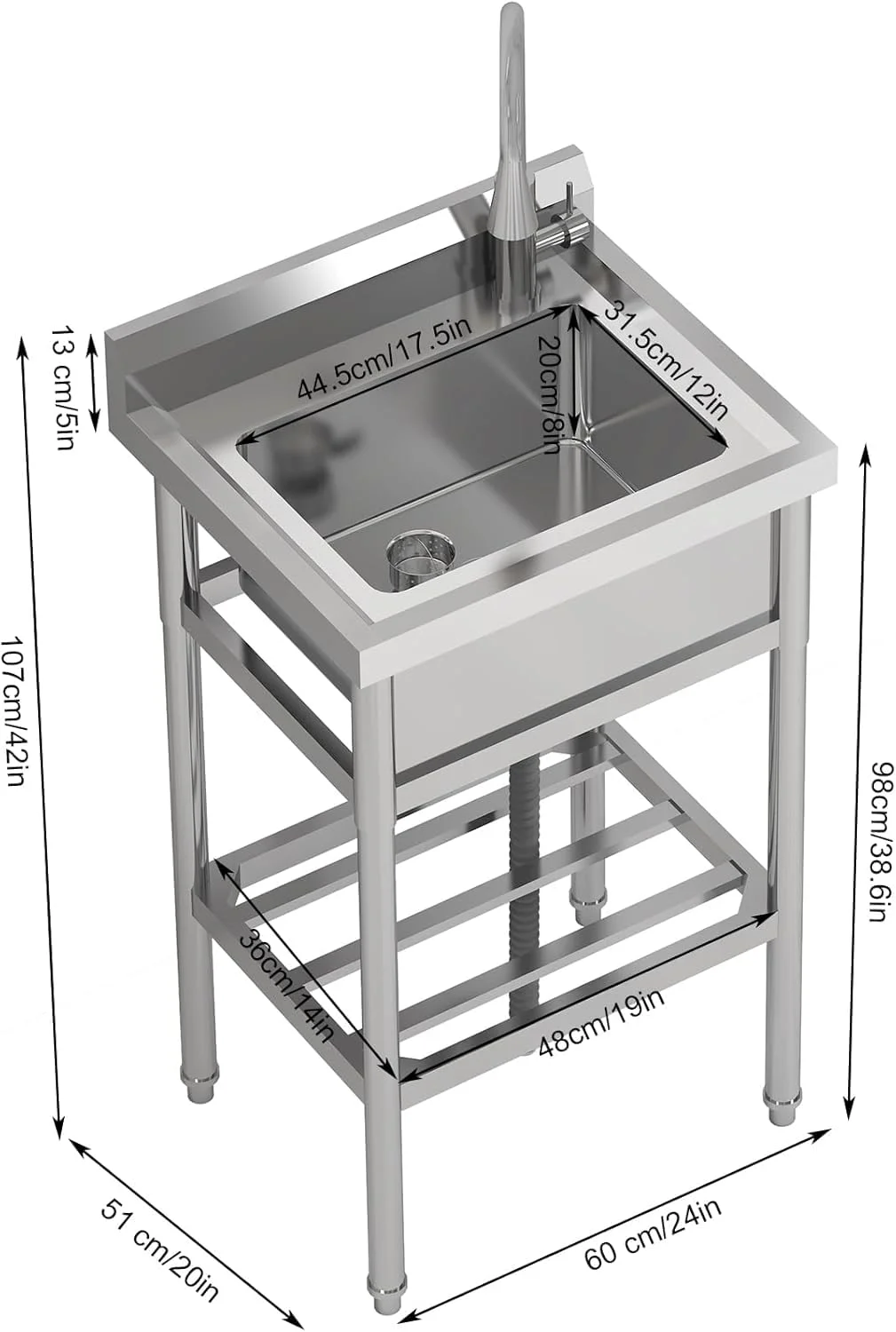 TROPOW 24x20x42 Inch Stainless Steel Utility Sink, Freestanding Single Bowl with Cold and Hot Water Hose and Faucet, Commercial Sink Kitchen Sink for Restaurant Laundry Room Bathroom Garage Garden