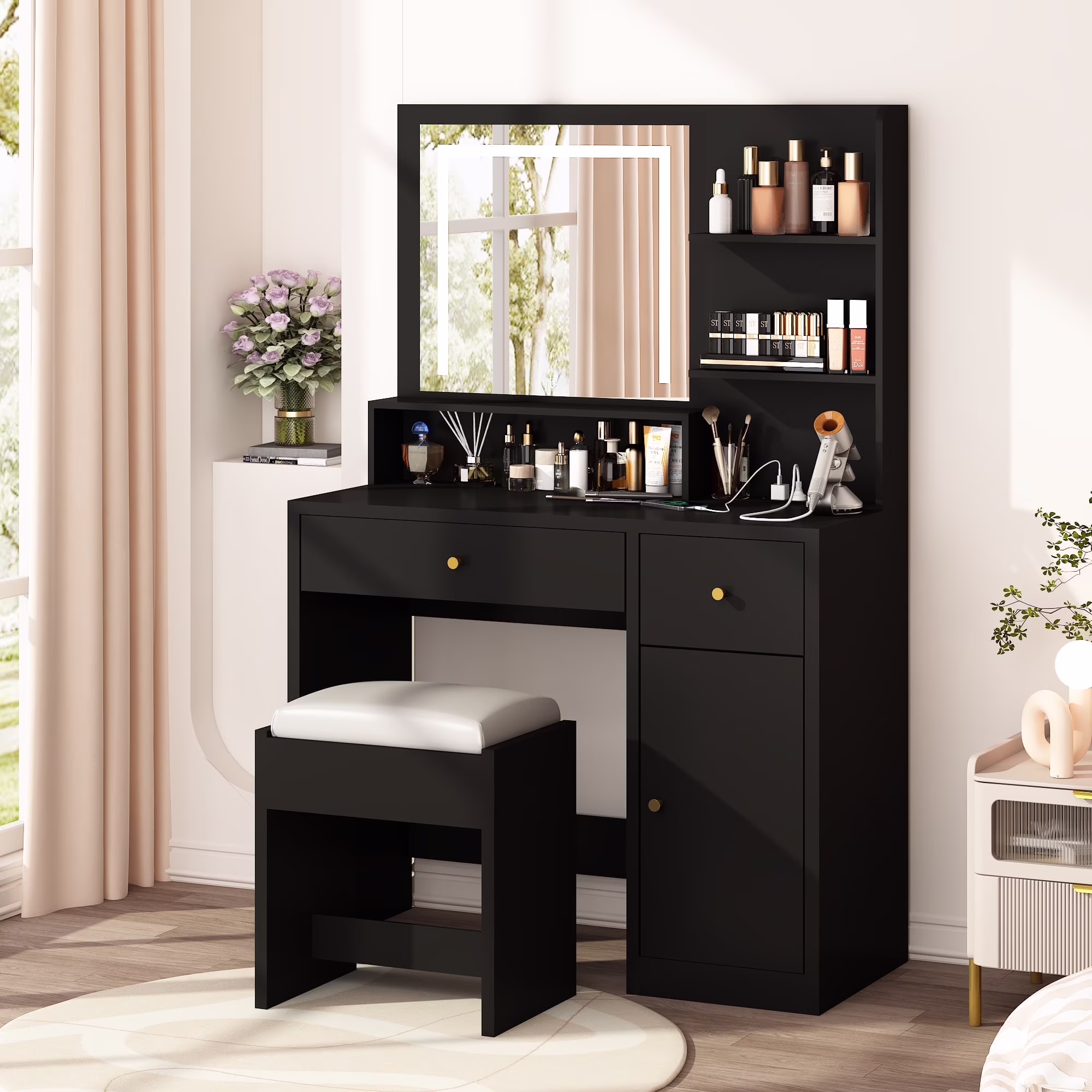 ChVans White Vanity Desk with Lighted Mirror & Charging Station, Vanity Table Set w/3 Storage Shelves,2 Drawers,Storage Cabinet & Makeup Vanity Cushioned Stool(White-37