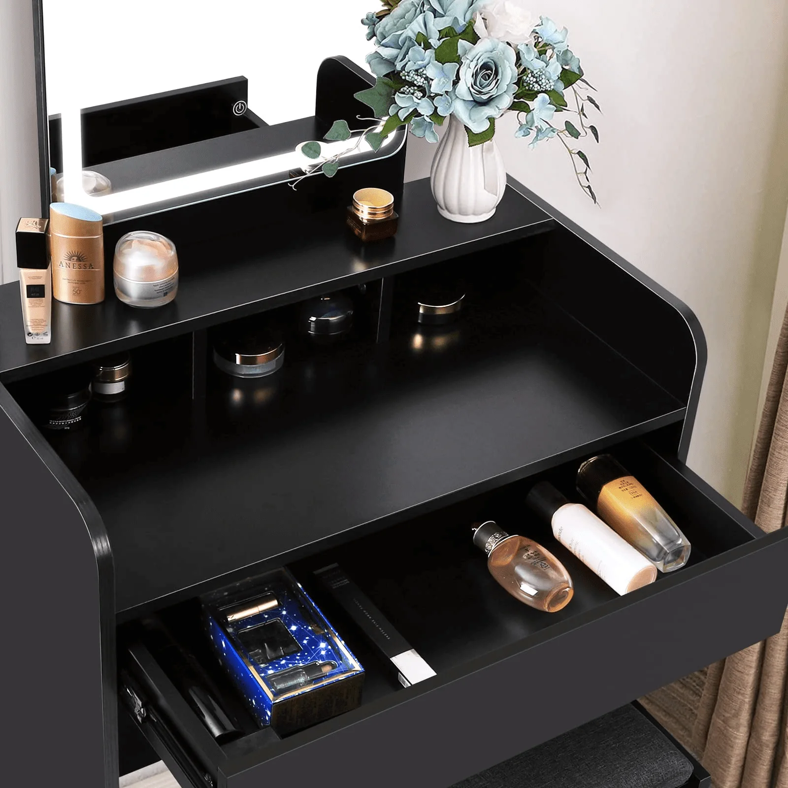 Vanity Desk Makeup with Lights 3 Color Adjustable Brightness Black