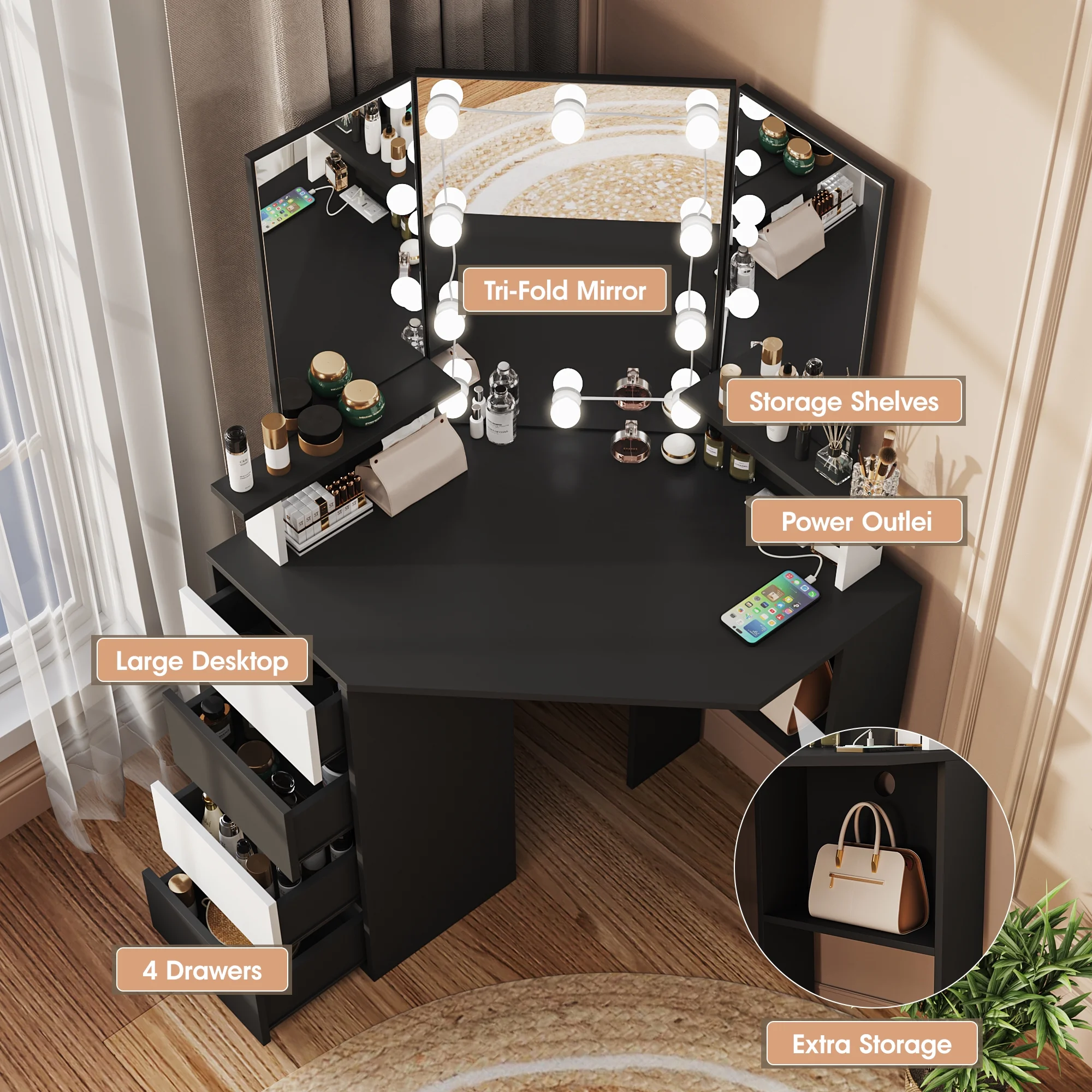 Veanerwood White Corner Vanity Desk with Mirror and Light,Makeup Table with 4 Drawers and Charging Station for Bedroom