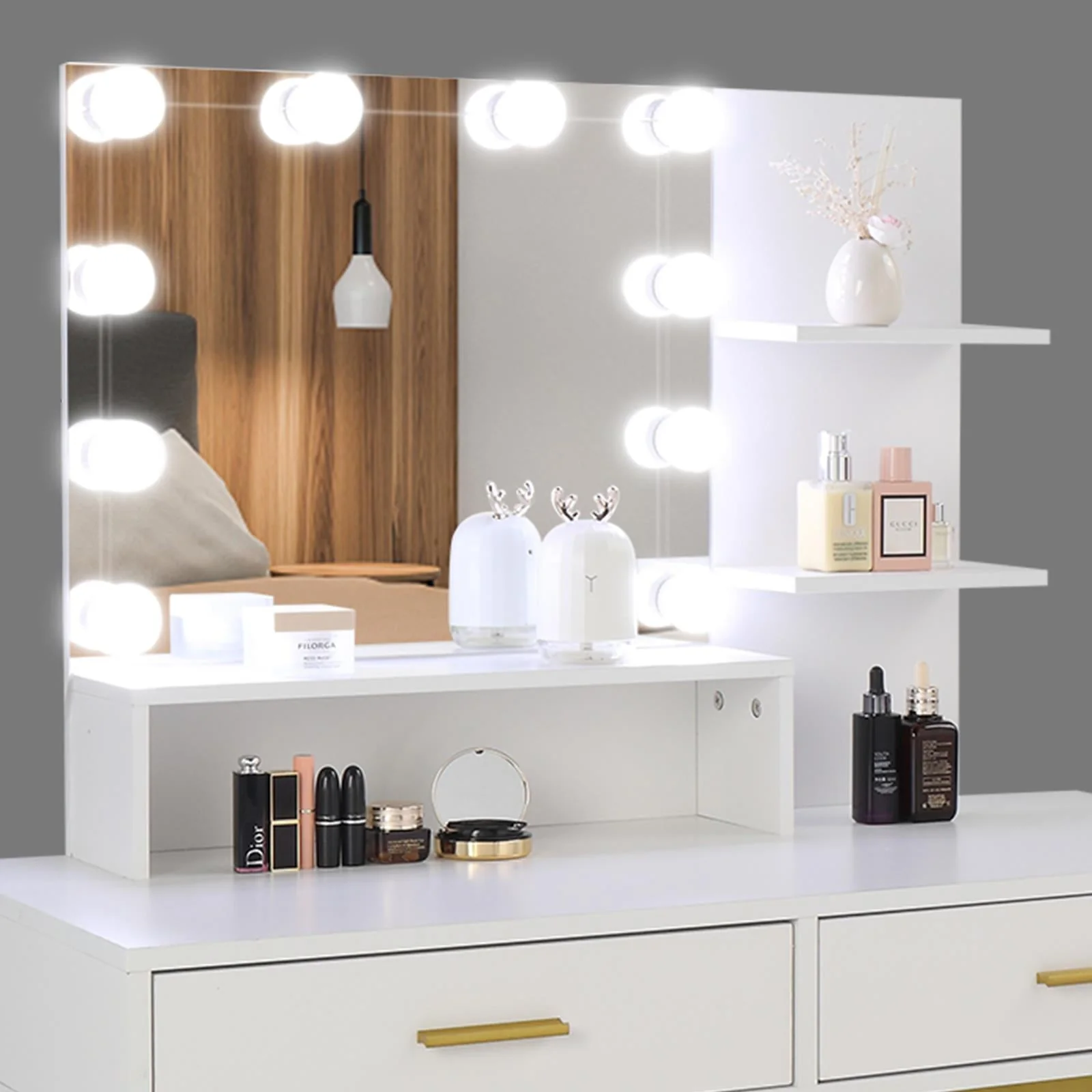 Ktaxon Vanity Table Set with 3 Color Lighted Mirror & Stool, Makeup Vanity Dressing Table, 2 Drawers and Storage Shelves for Bedroom, Gold Vanity Desk for Women Girls (White)
