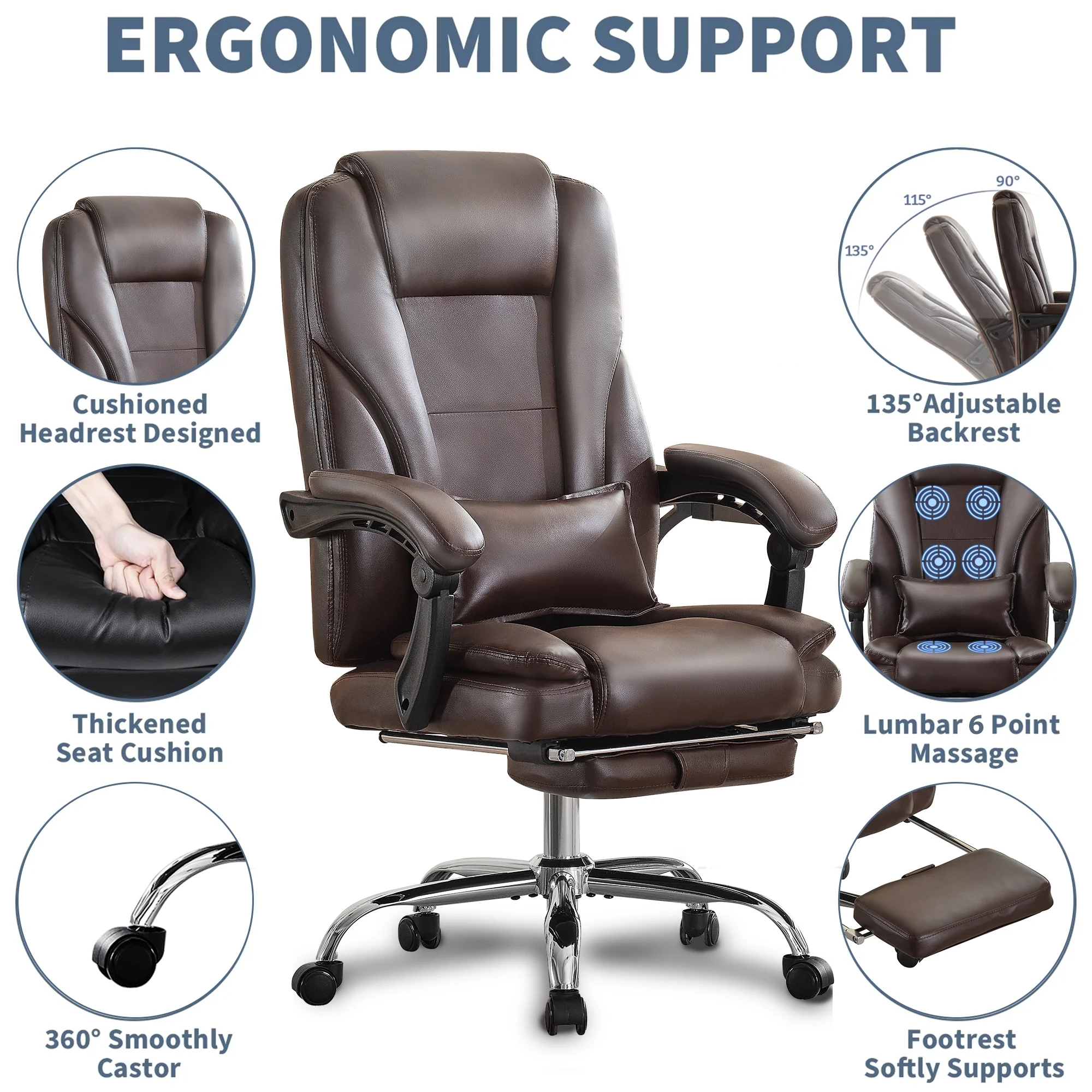 JONPONY Big and Tall Office Chair 500LBS Executive Office Chair Massage and Footrest Ergonomic Computer Desk Chair Reclining High Back Leather Office Chair Lumbar Back Support Swivel Rolling,Black