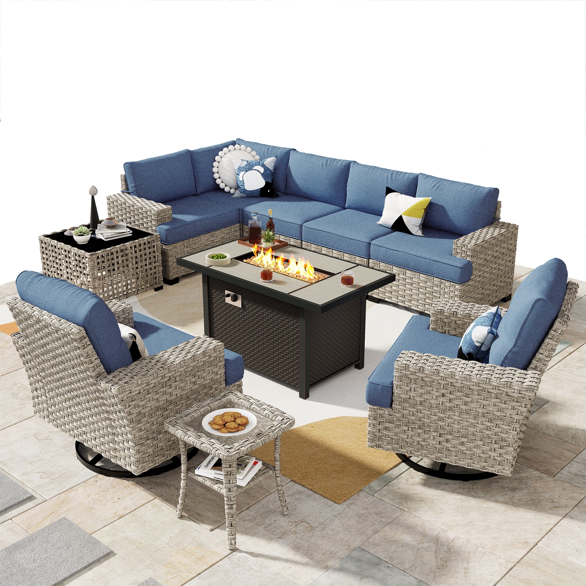 Ovios 10 Pieces Outdoor Patio Furniture Modern High-Back All-Weather Wicker Sectional Conversation Set with Propane Fire Pit Table & Swivel Chair, Dark Gray