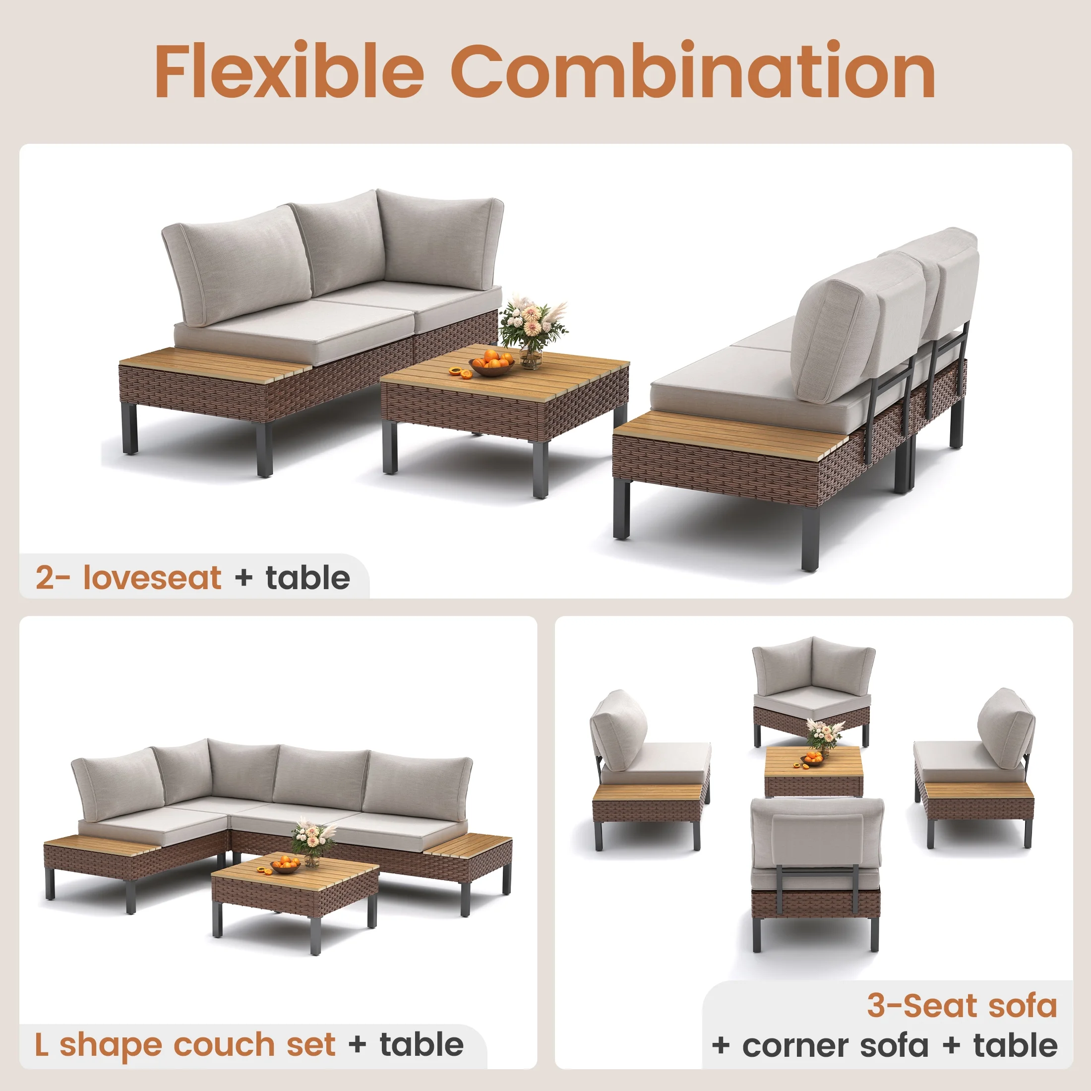 Poteban 5-piece Rattan Outdoor Patio Sofa Set,L-Shaped Sectional Sofa Couch with Coffee Table for Backyard,Lawn,Garden,Navy Blue