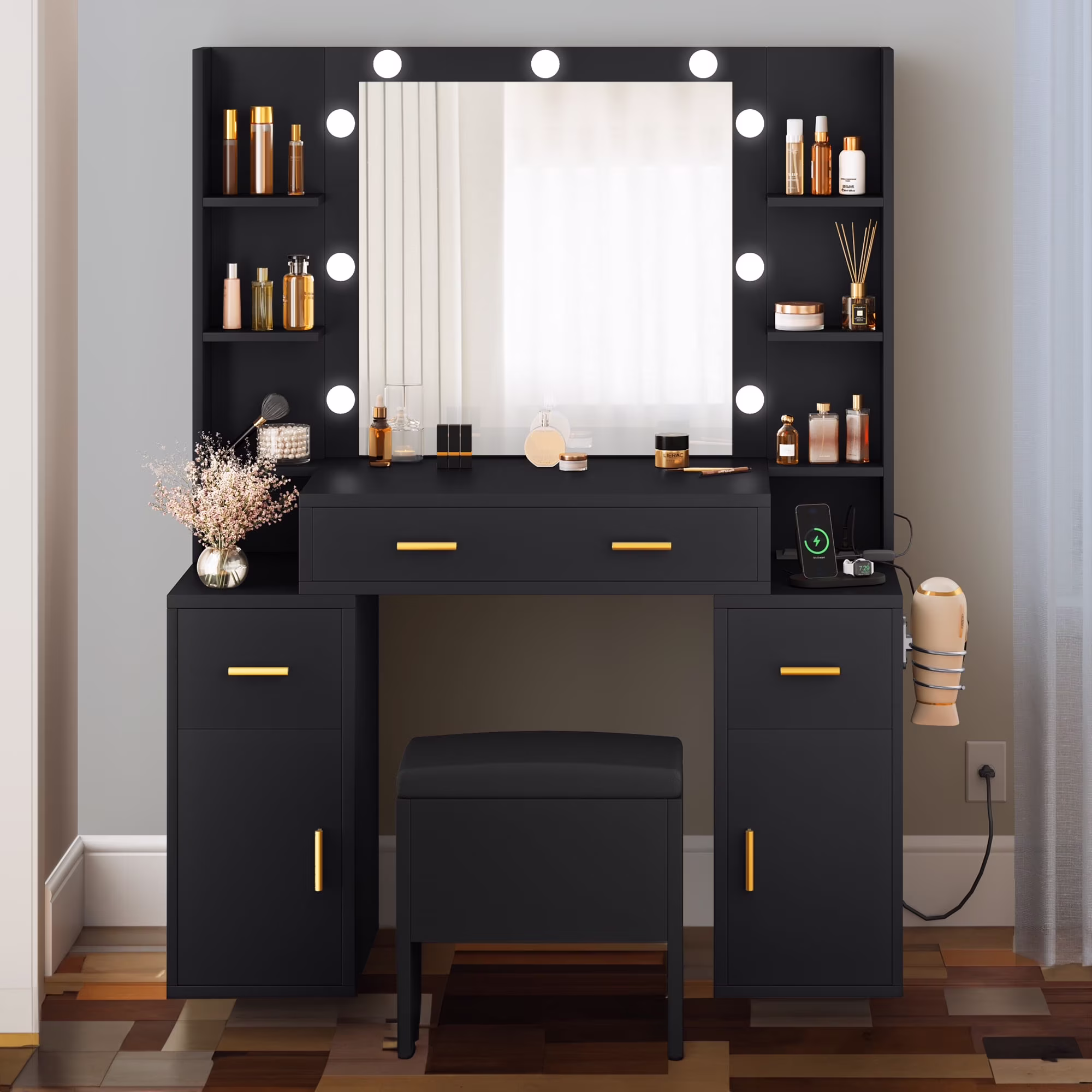 Dextrus Elegant Makeup Vanity Set with Lighted Mirror and Drawers, White Makeup Desk,Dressing Table for Girls